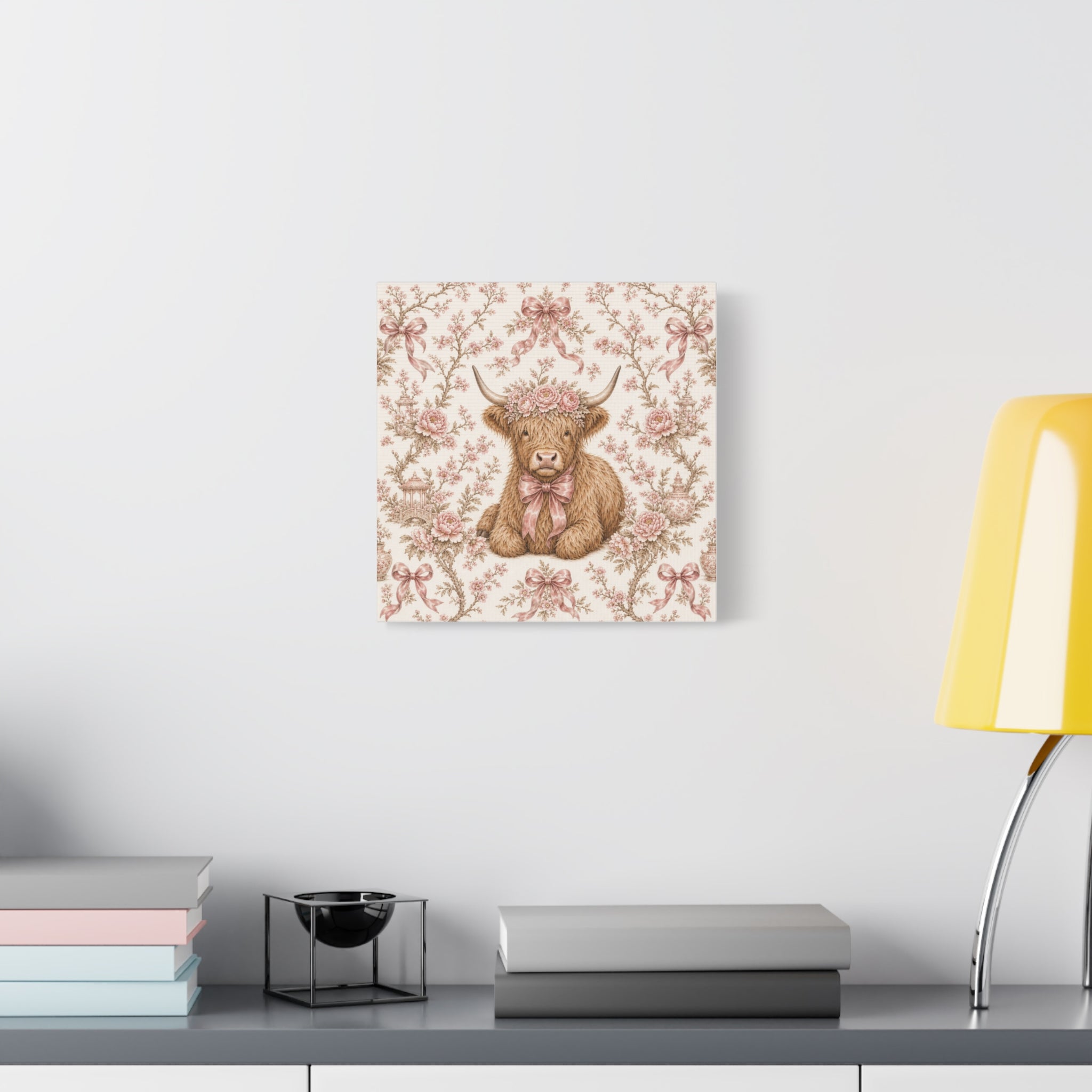 Floral Highland Cow Canvas | Matte Stretched Wall Art