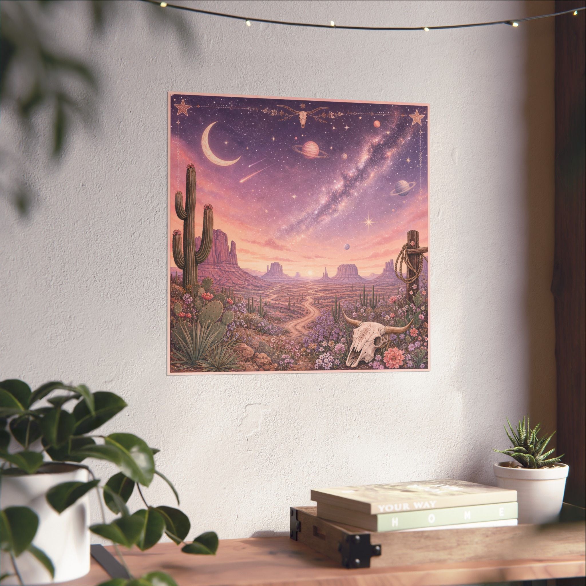 Desert Night Sky Skull Poster | Pastel Western Cosmic Landscape Matte Poster, Southwestern Galaxy Landscape, Pastel Southwestern Decor