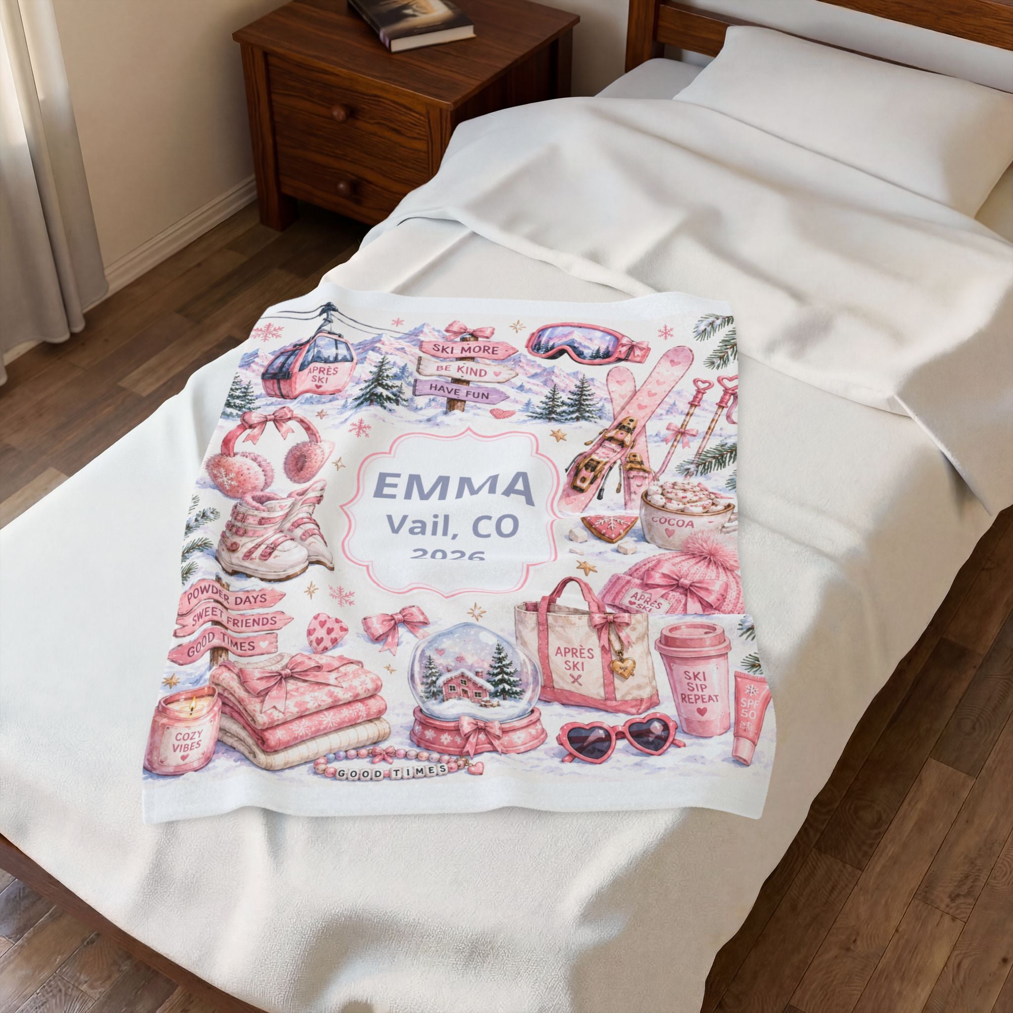 Personalized Ski Chalet Velveteen Plush Blanket For Girl, Pink Ski Gear Name & Year Travel Blanket Teen Girl, Girl Apres Ski Gift Idea, Cozy