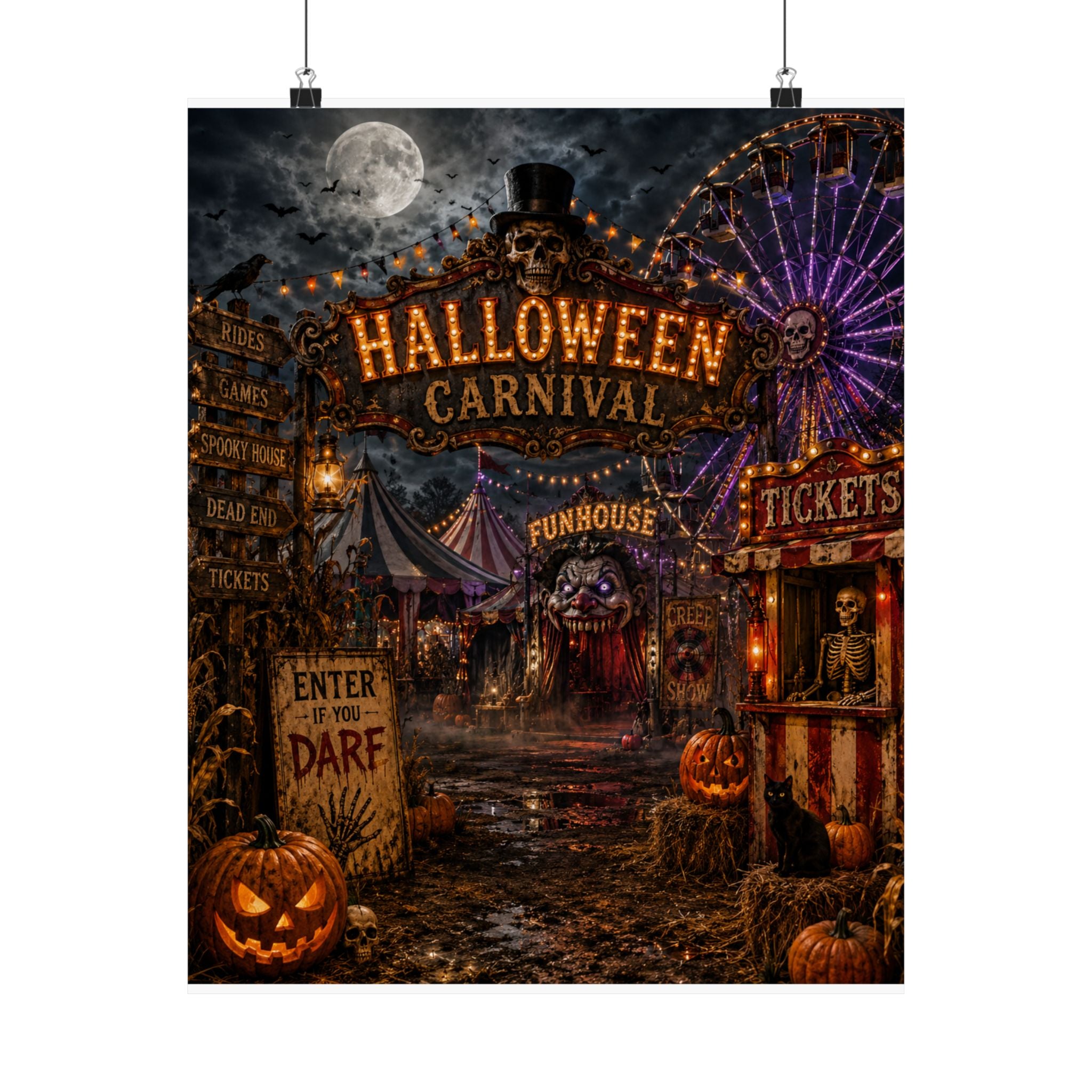 Halloween Carnival Poster | Matte Vertical Halloween Poster, Spooky Funhouse Art