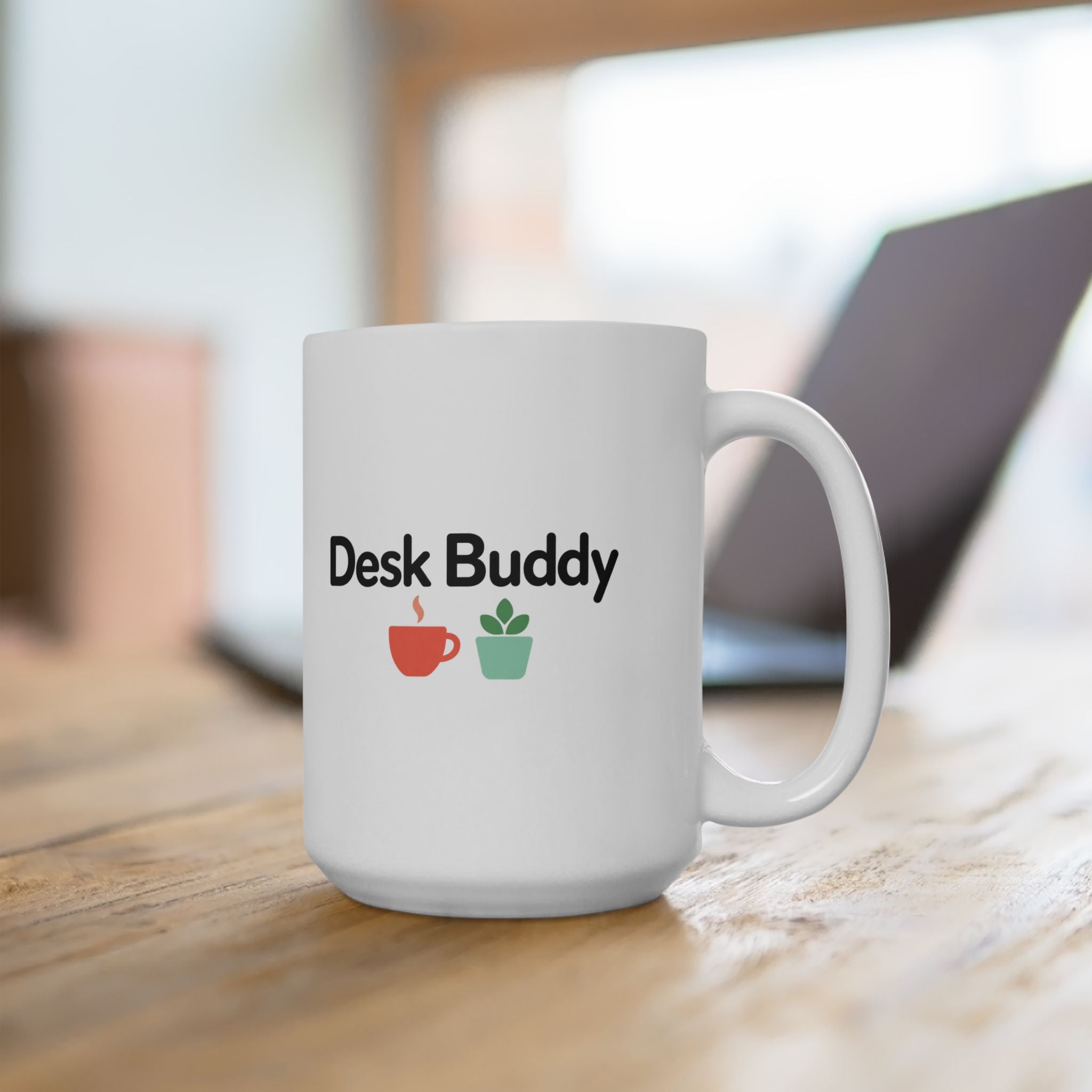 Desk Buddy Coffee Mug, White Ceramic Mug with Coffee Cup and Plant Design, Office Gift Mug for Coworkers