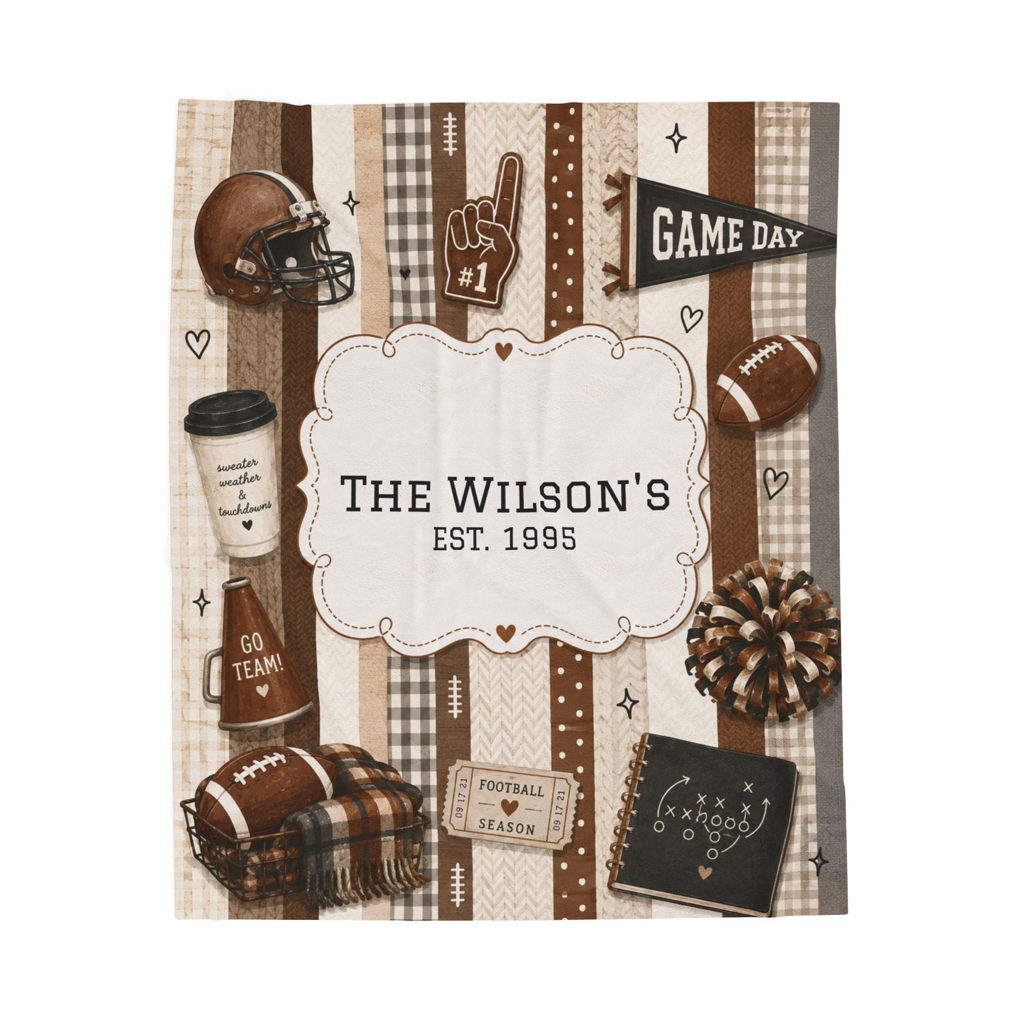 Personalized Football Family Name Plush Blanket, Custom Name Game Day Decor, Striped Football Tailgating Blanket, Football Lover Gift Idea