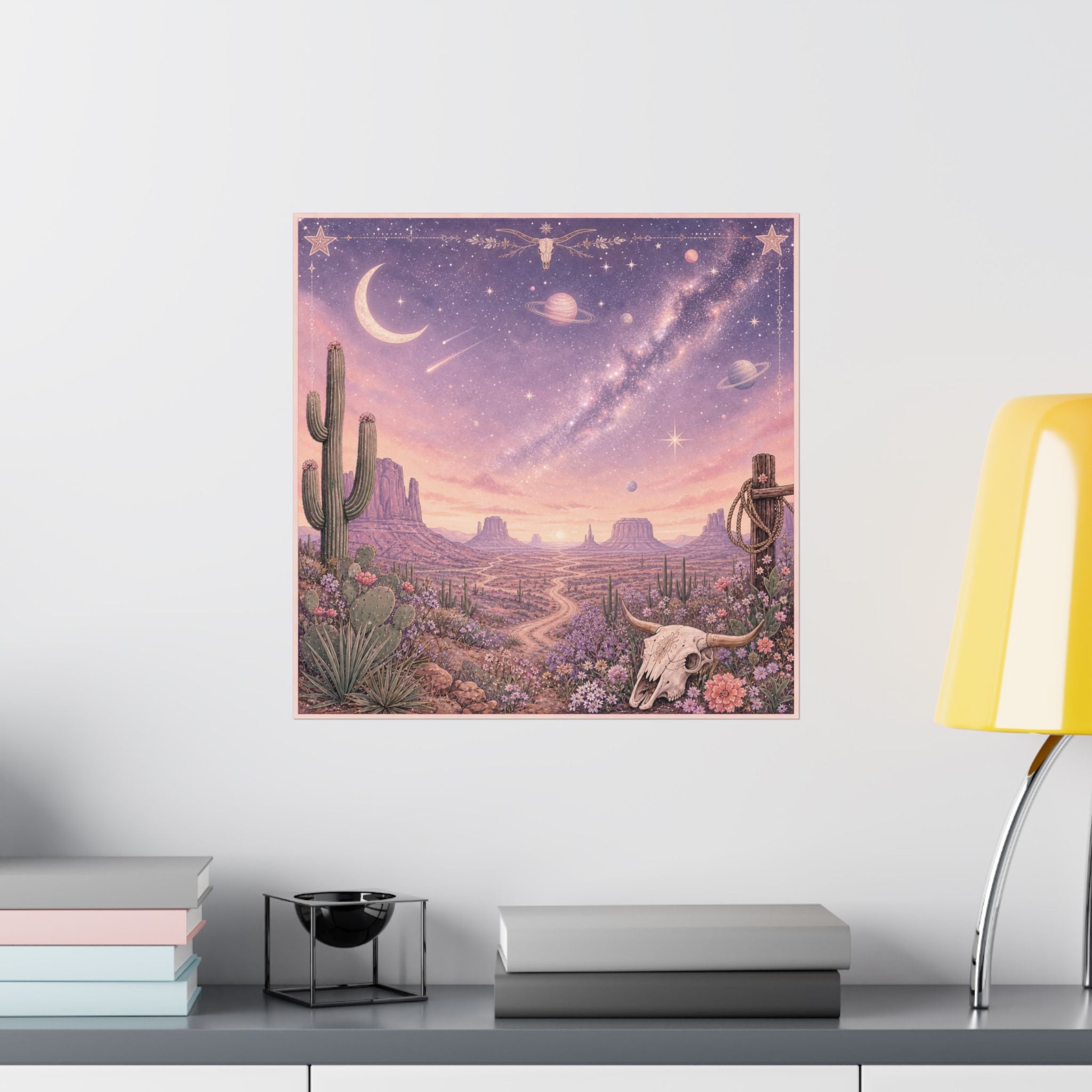 Desert Night Sky Skull Poster | Pastel Western Cosmic Landscape Matte Poster, Southwestern Galaxy Landscape, Pastel Southwestern Decor