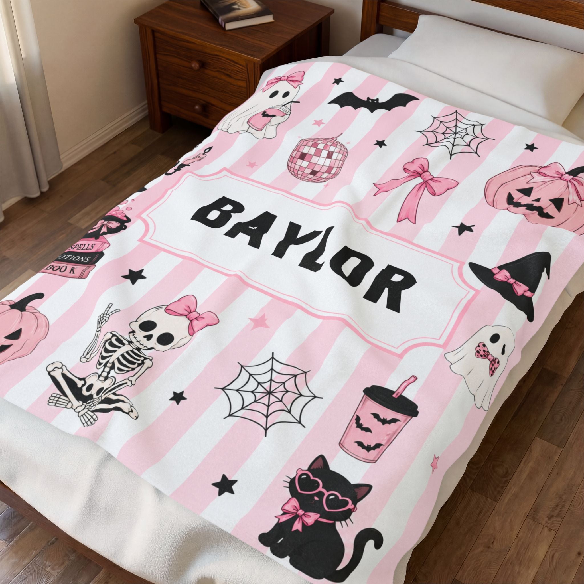 Personalized Pink Stripe Halloween Velveteen Plush Blanket, Custom Name Halloween Blanket For Girl, Pink Halloween Gift For Teen Girl, Cozy