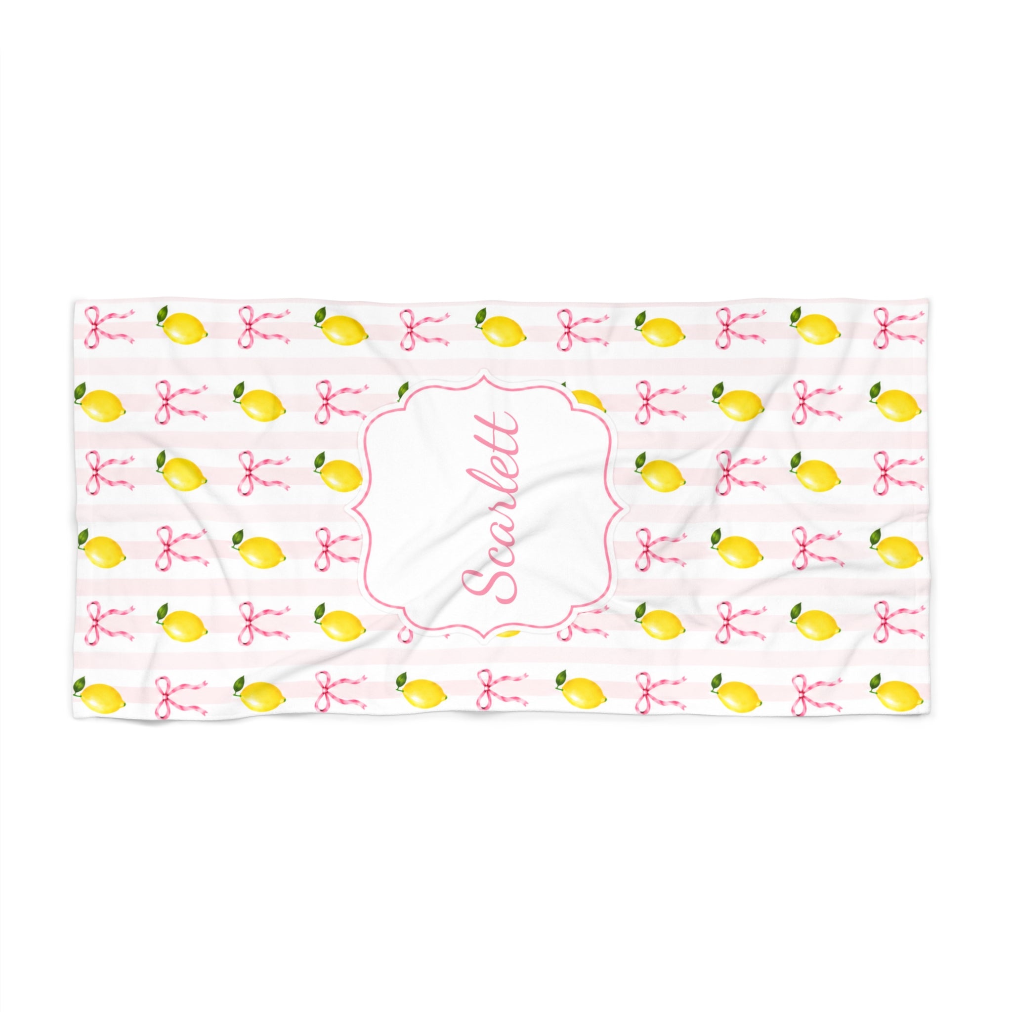 Personalized Lemon Coquette Pattern Beach Towel For Female, Custom Name Lemon And Pink Beach Towel, Lemon Theme Party Favor Gift, Pool Party