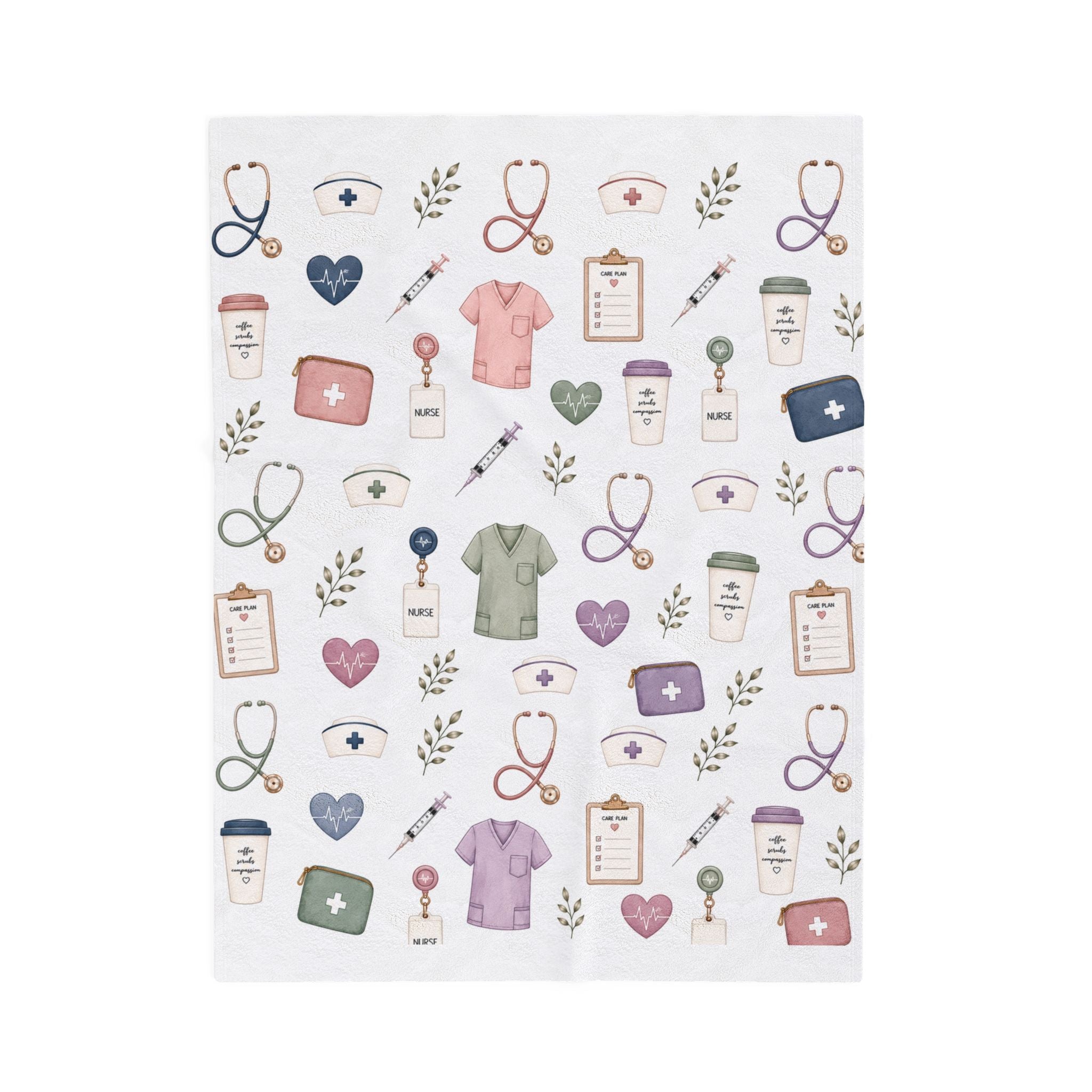 Cute Nurse Pattern Velveteen Plush Blanket | Medical Scrubs, Stethoscopes, Syringes