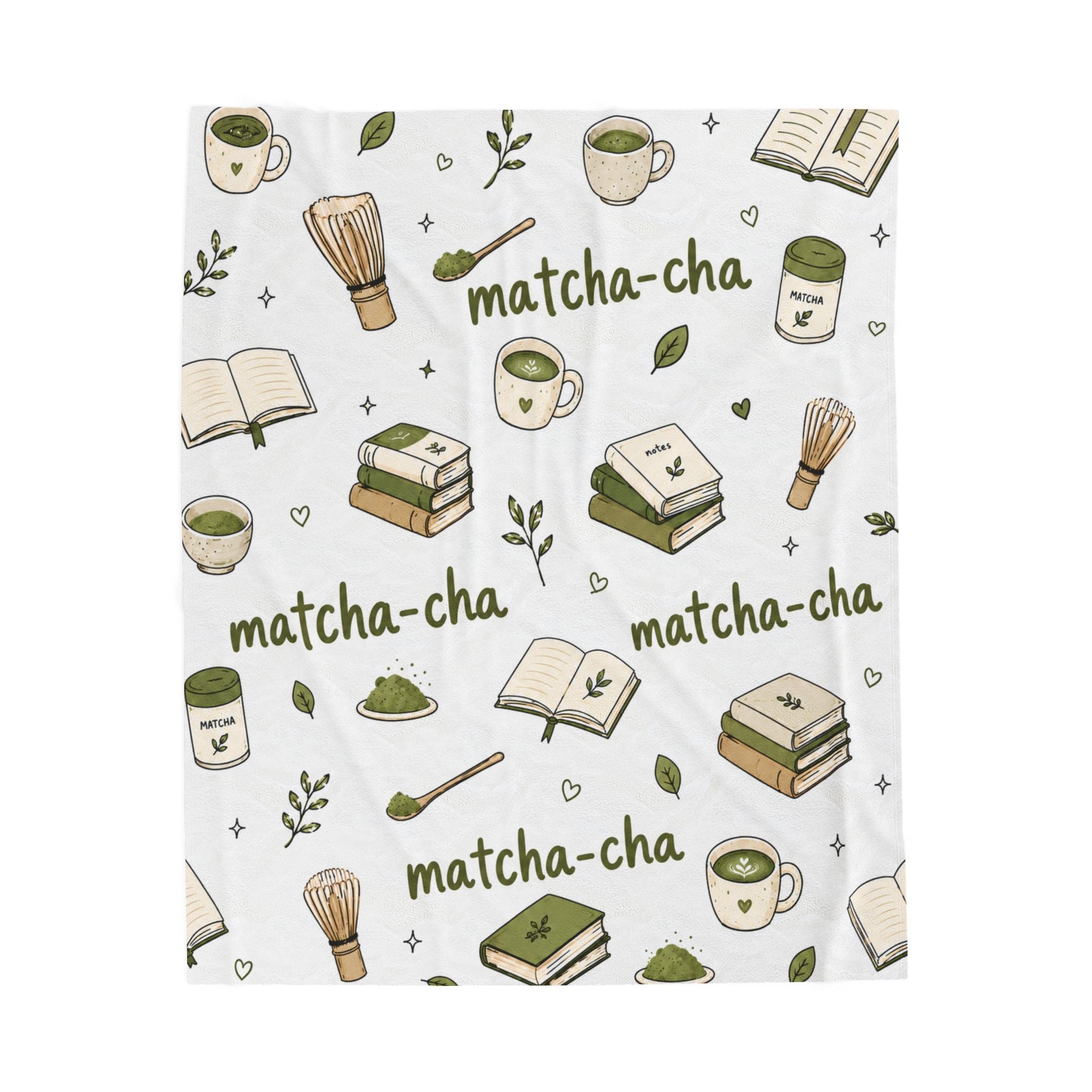 Matcha-cha Pattern Velveteen Plush Blanket | Tea Books Cozy Throw