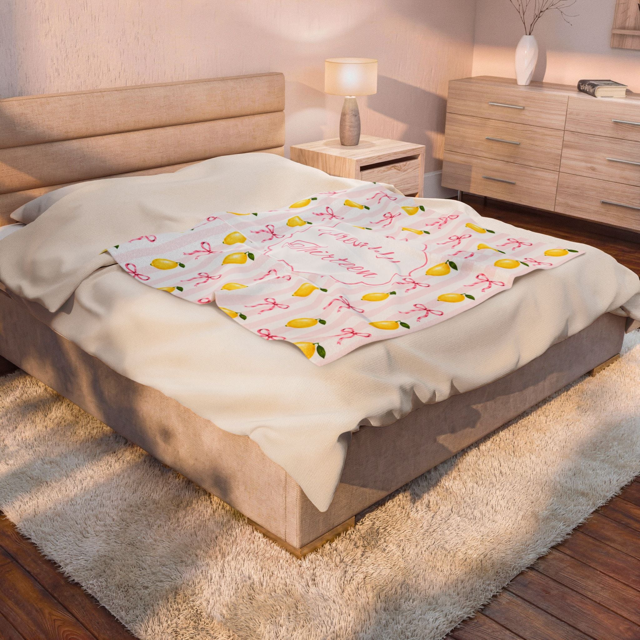 Freshly Thirteen Velveteen Plush Blanket | Thirteenth Birthday Lemon Bow Pattern Decor, 13th Birthday Backdrop, Officially A Teen Gift Idea