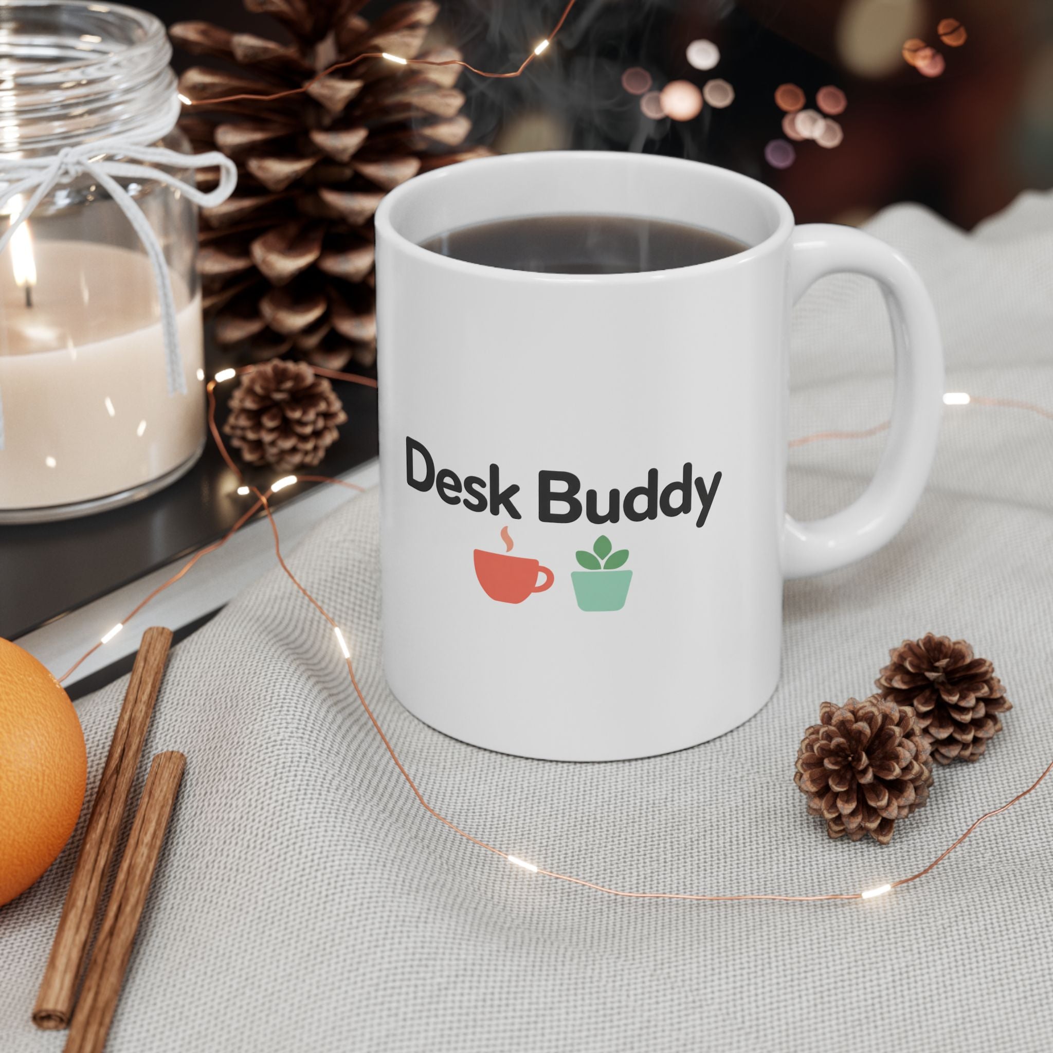 Desk Buddy Coffee Mug, White Ceramic Mug with Coffee Cup and Plant Design, Office Gift Mug for Coworkers