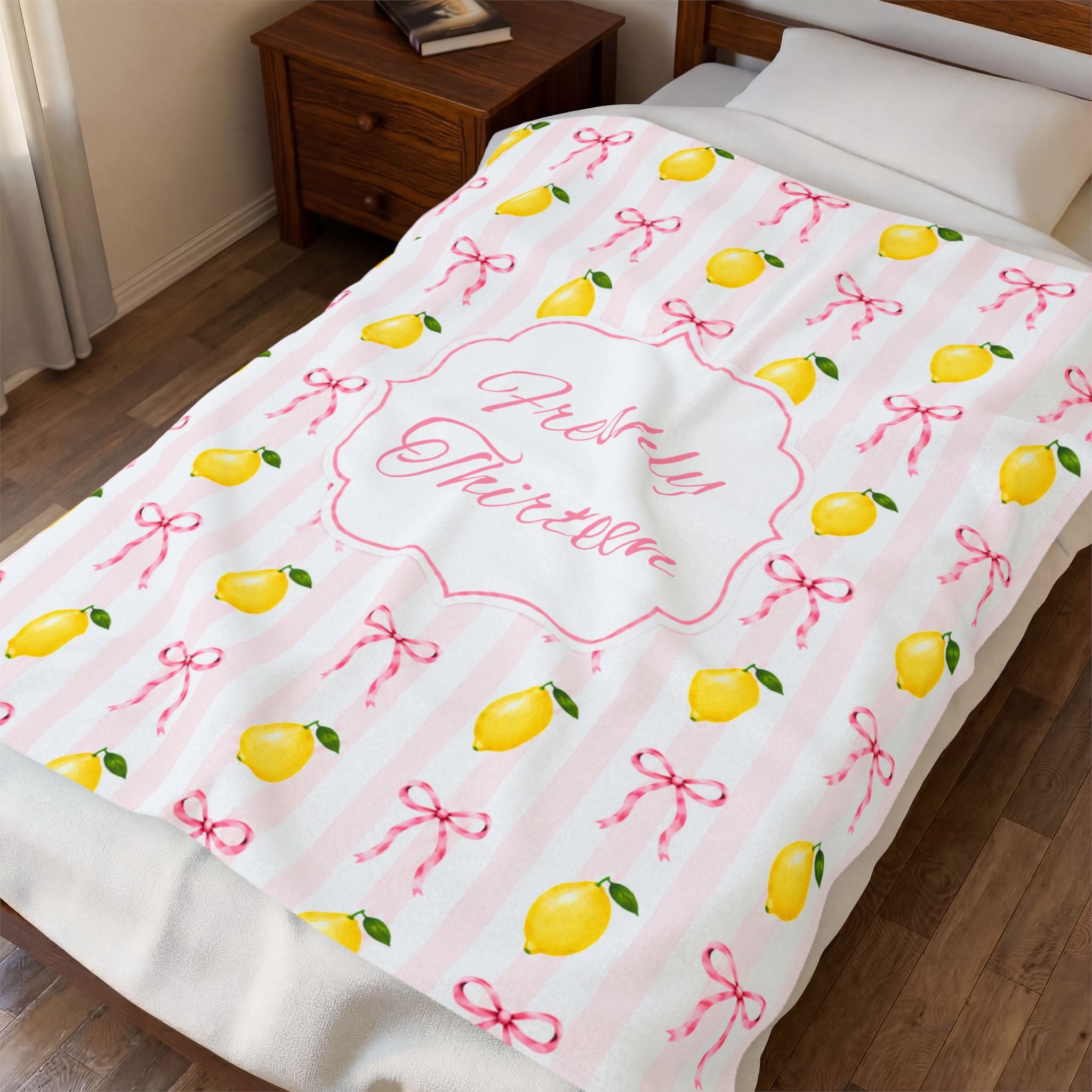 Freshly Thirteen Velveteen Plush Blanket | Thirteenth Birthday Lemon Bow Pattern Decor, 13th Birthday Backdrop, Officially A Teen Gift Idea