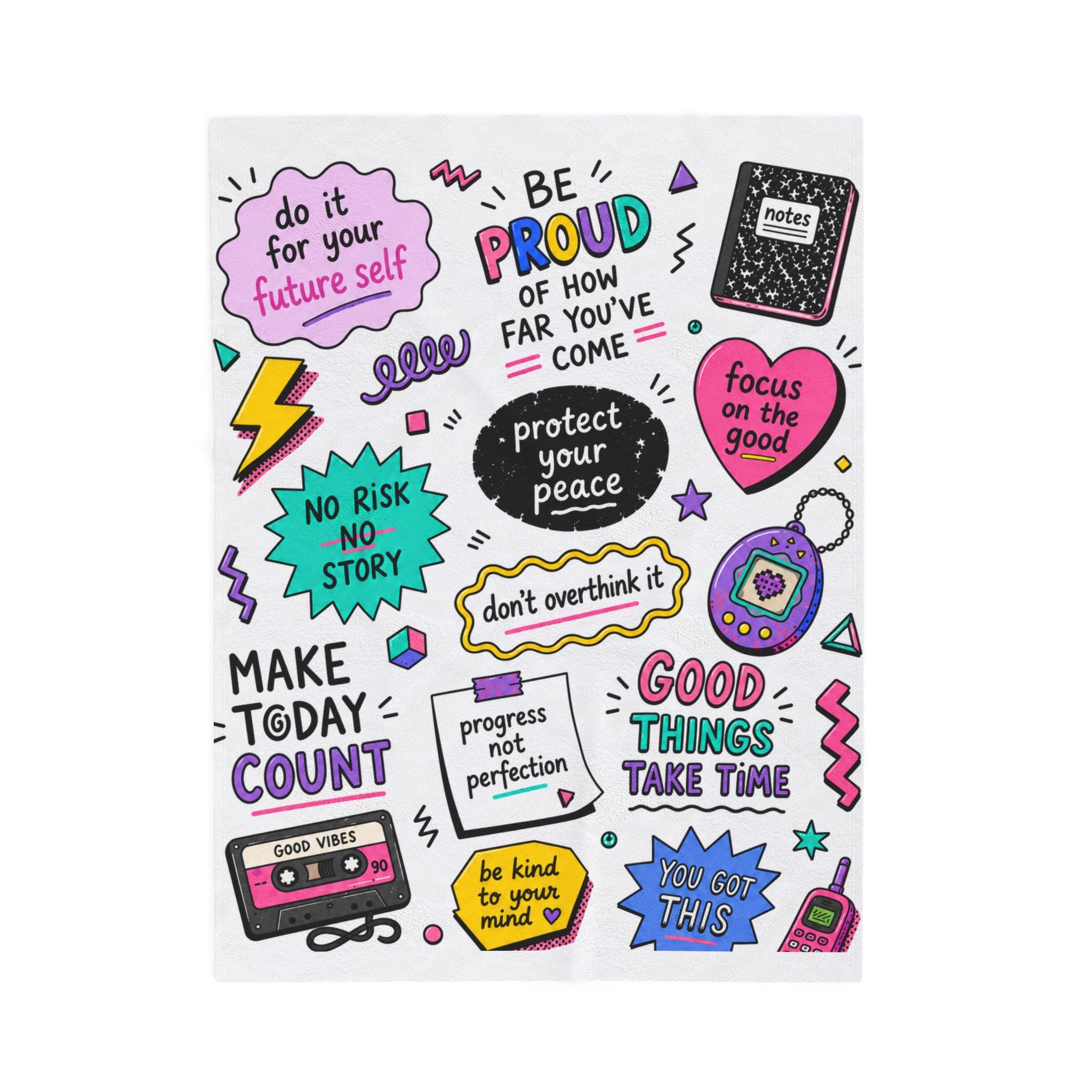 Inspirational Quote Doodle Blanket, 90's Positive Quote Doodle Blanket For College Student, Motivational Quote Cozy Blanket, Dorm Room Decor