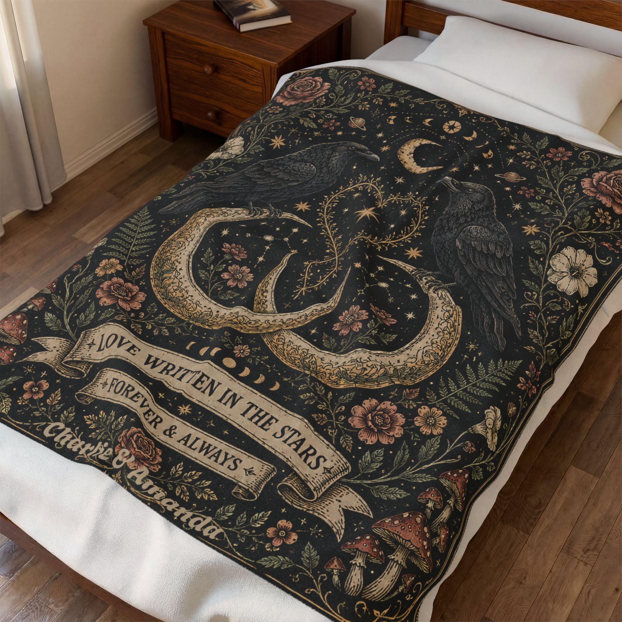 Love Written in the Stars Raven Crescent Moon Blanket, Personalized Goth Wedding Anniversary Couple Gift, Dark Romantic Wedding Gift, Gothic