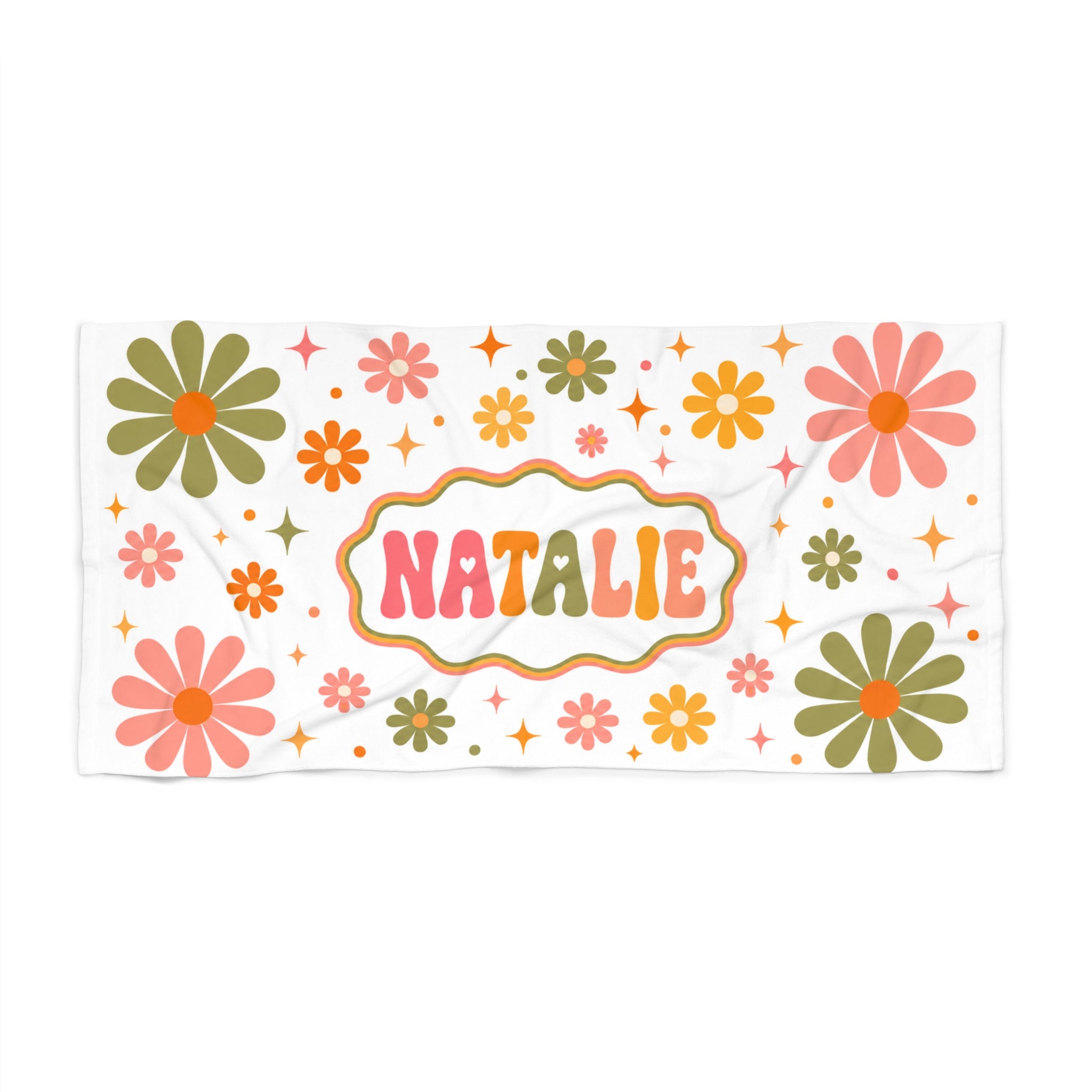 Personalized Retro Floral Beach Towel, Custom Name Groovy Beach Towel, Personalized Groovy Flower Pattern Towel, Personalized Vacation Gift