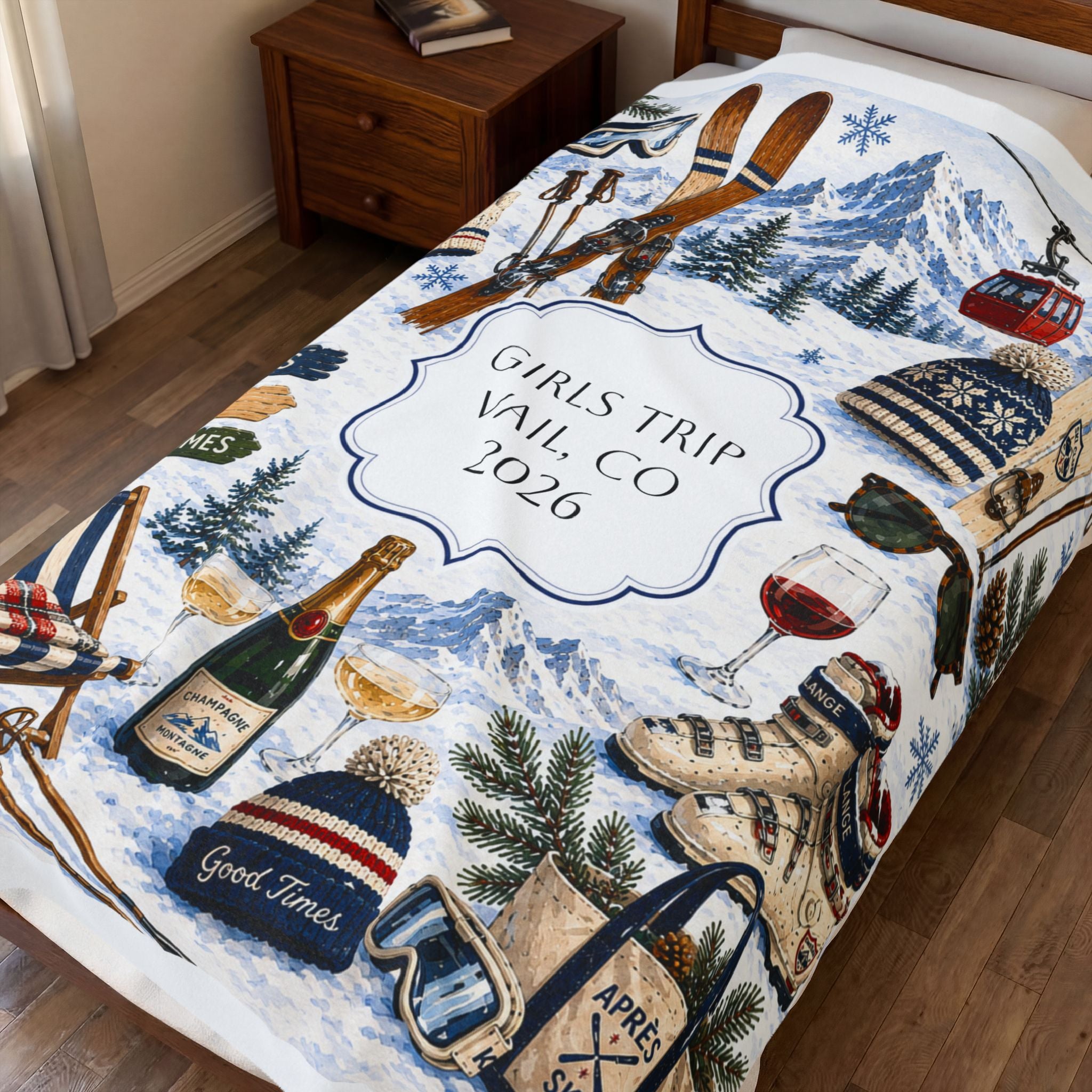 Personalized Snow Ski Velveteen Blanket, Custom Lodge Collage Cozy Blanket, Matching Skiing Girls Trip Blanket, Custom Family Ski Trip Gift