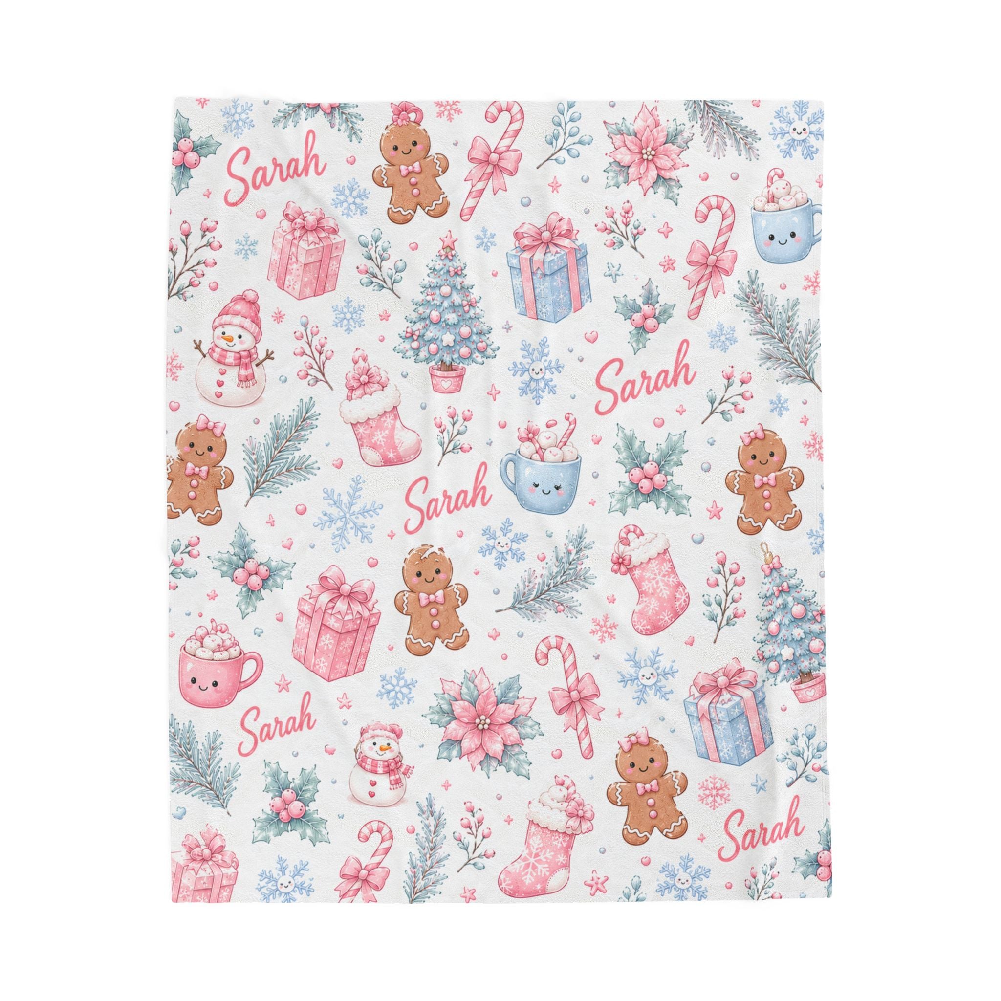Personalized Christmas Gingerbread Pattern Velveteen Blanket For Girl, Custom Name Holiday Throw For Young Girl, Pink Christmas Girl Gift