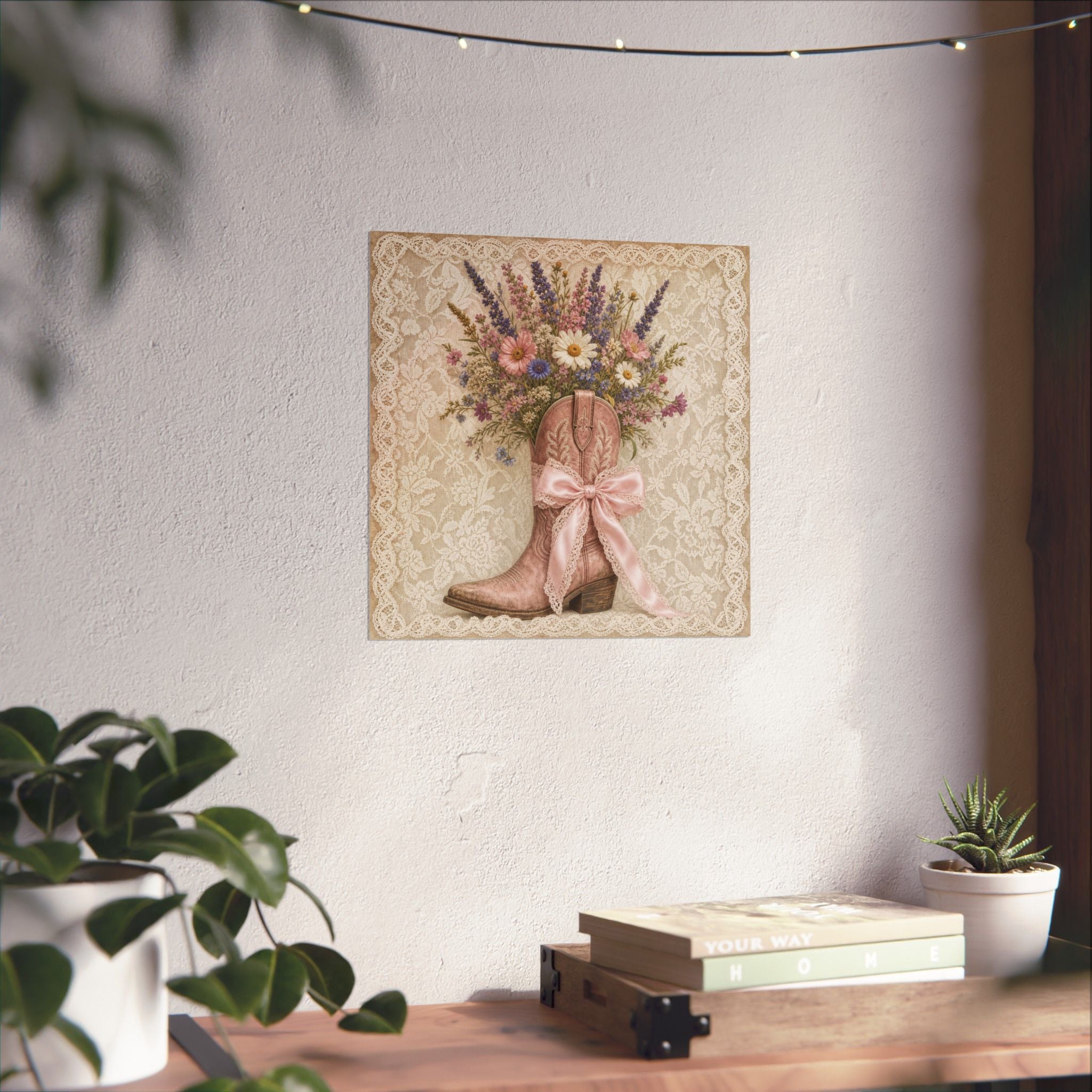 Cowgirl Lace Boot Bouquet Poster | Floral Lace Western Wall Art