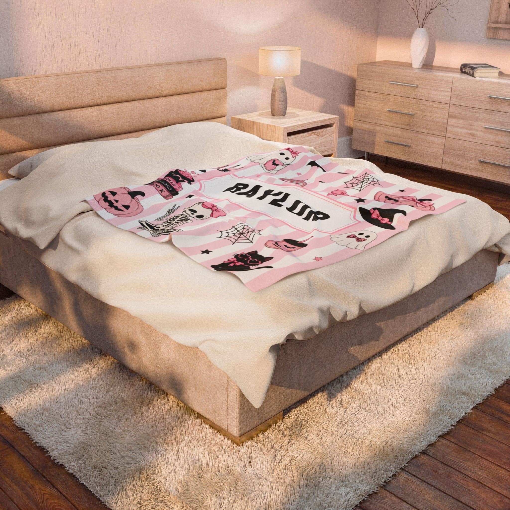 Personalized Pink Stripe Halloween Velveteen Plush Blanket, Custom Name Halloween Blanket For Girl, Pink Halloween Gift For Teen Girl, Cozy