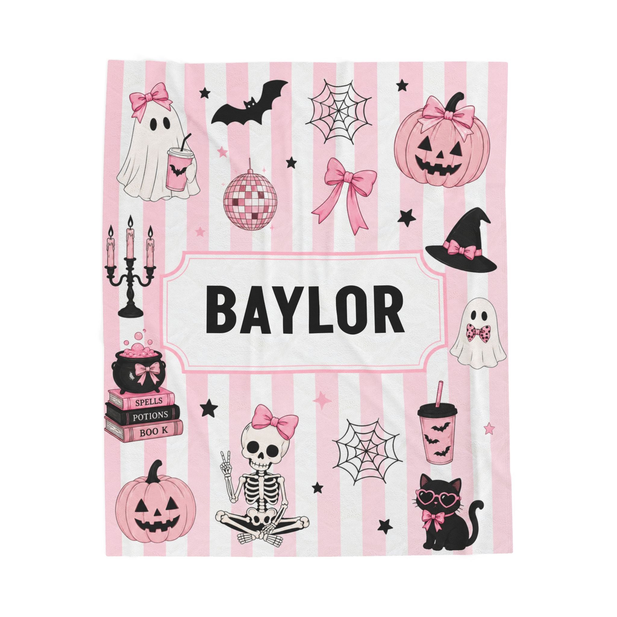 Personalized Pink Stripe Halloween Velveteen Plush Blanket, Custom Name Halloween Blanket For Girl, Pink Halloween Gift For Teen Girl, Cozy