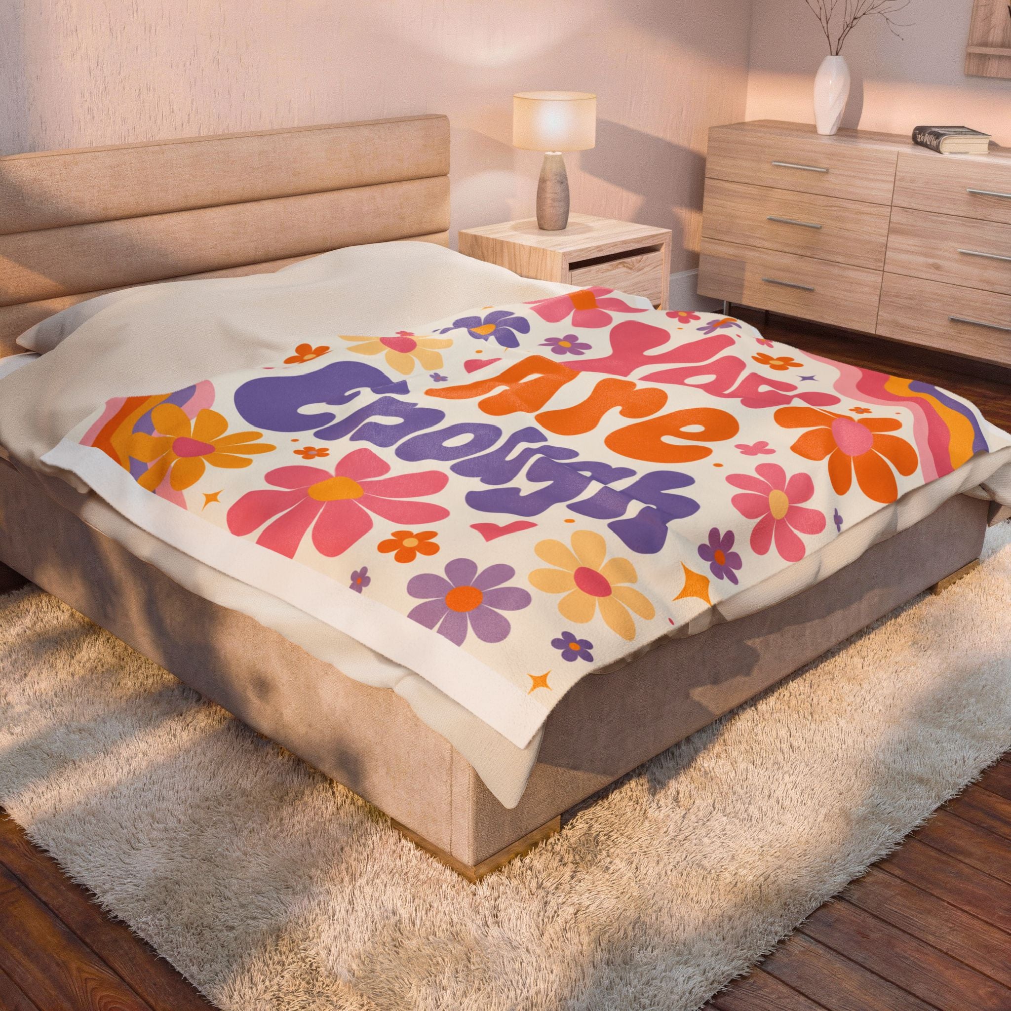 You Are Enough Velveteen Plush Blanket, Retro Flower Positive Quote Blanket, Dopamine Decor Teen Girl Room, College Girl Dorm Decor, Gift