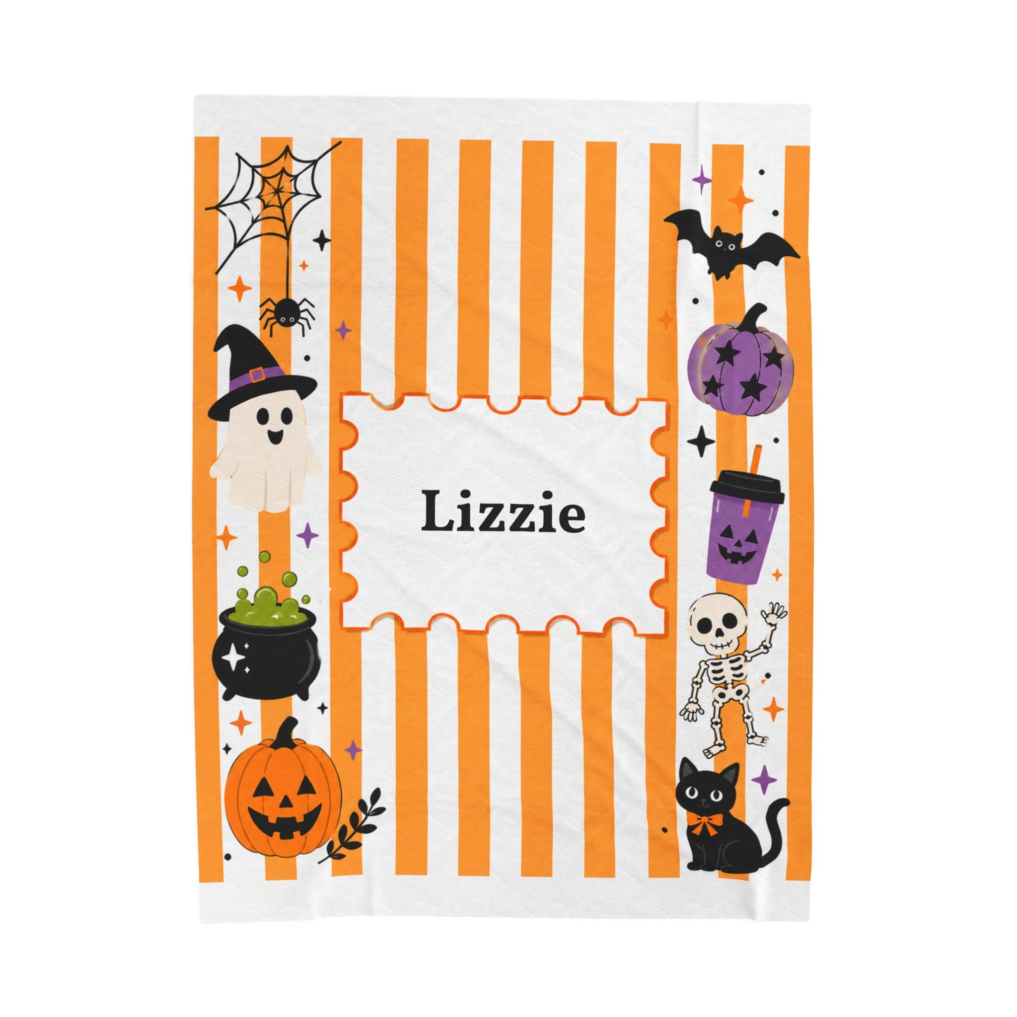 Personalized Halloween Stripe Plush Blanket For Kid, Cute Ghost Pumpkin Cat Bat Skeleton Blanket, Halloween Name Blanket, Kid Halloween Gift