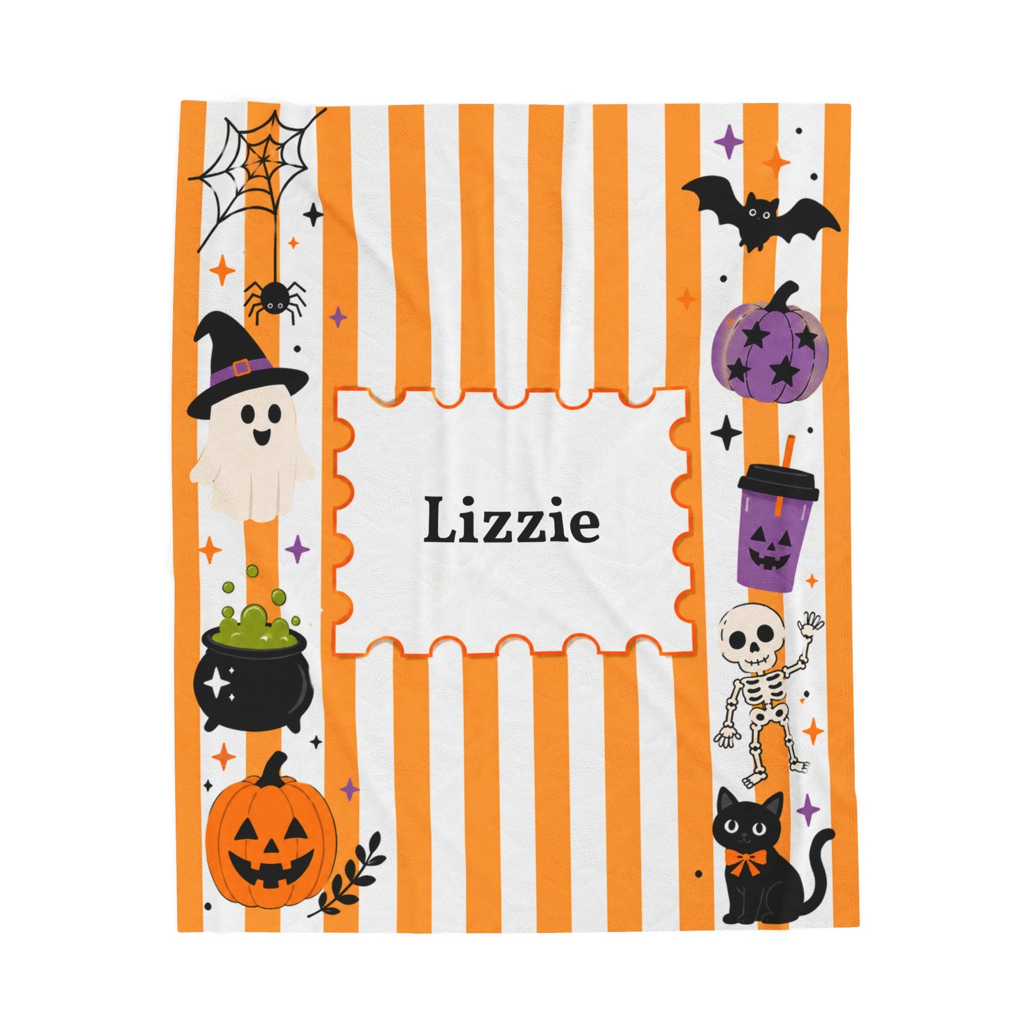 Personalized Halloween Stripe Plush Blanket For Kid, Cute Ghost Pumpkin Cat Bat Skeleton Blanket, Halloween Name Blanket, Kid Halloween Gift