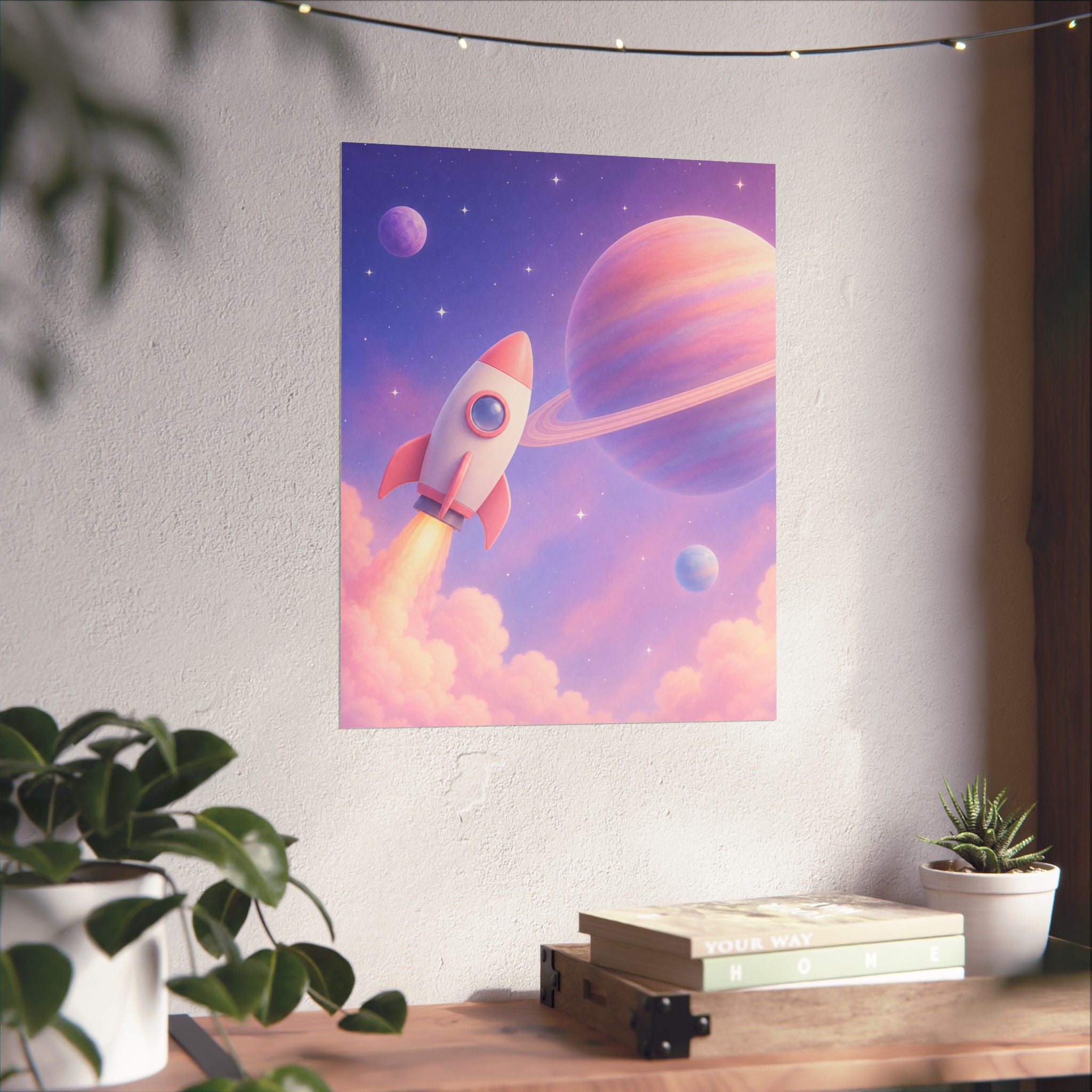 Pastel Rocket Space Poster, Pastel Outerspace Rocket Wall Art, Space Decor Girl Room, Girl Rocket Nursery