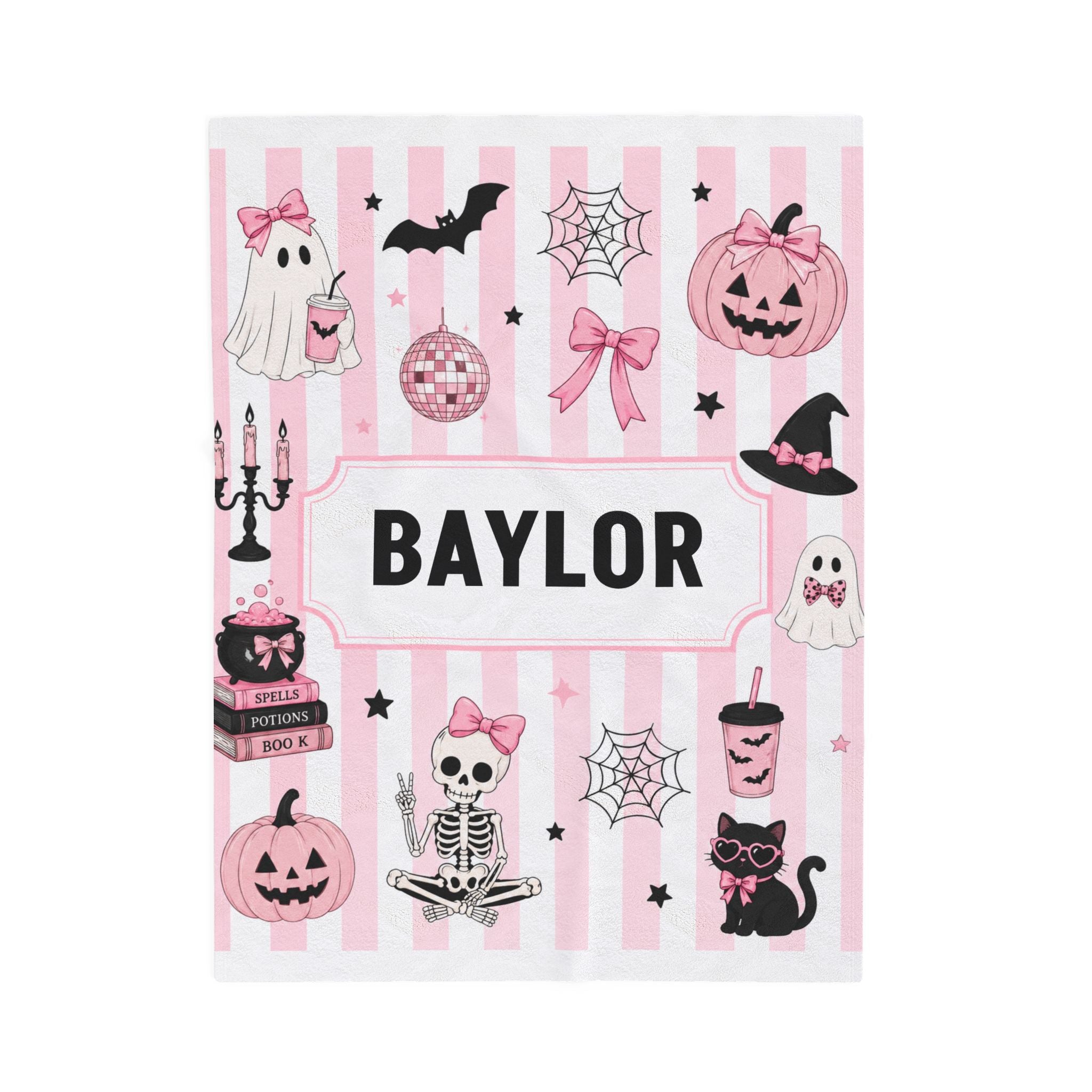 Personalized Pink Stripe Halloween Velveteen Plush Blanket, Custom Name Halloween Blanket For Girl, Pink Halloween Gift For Teen Girl, Cozy