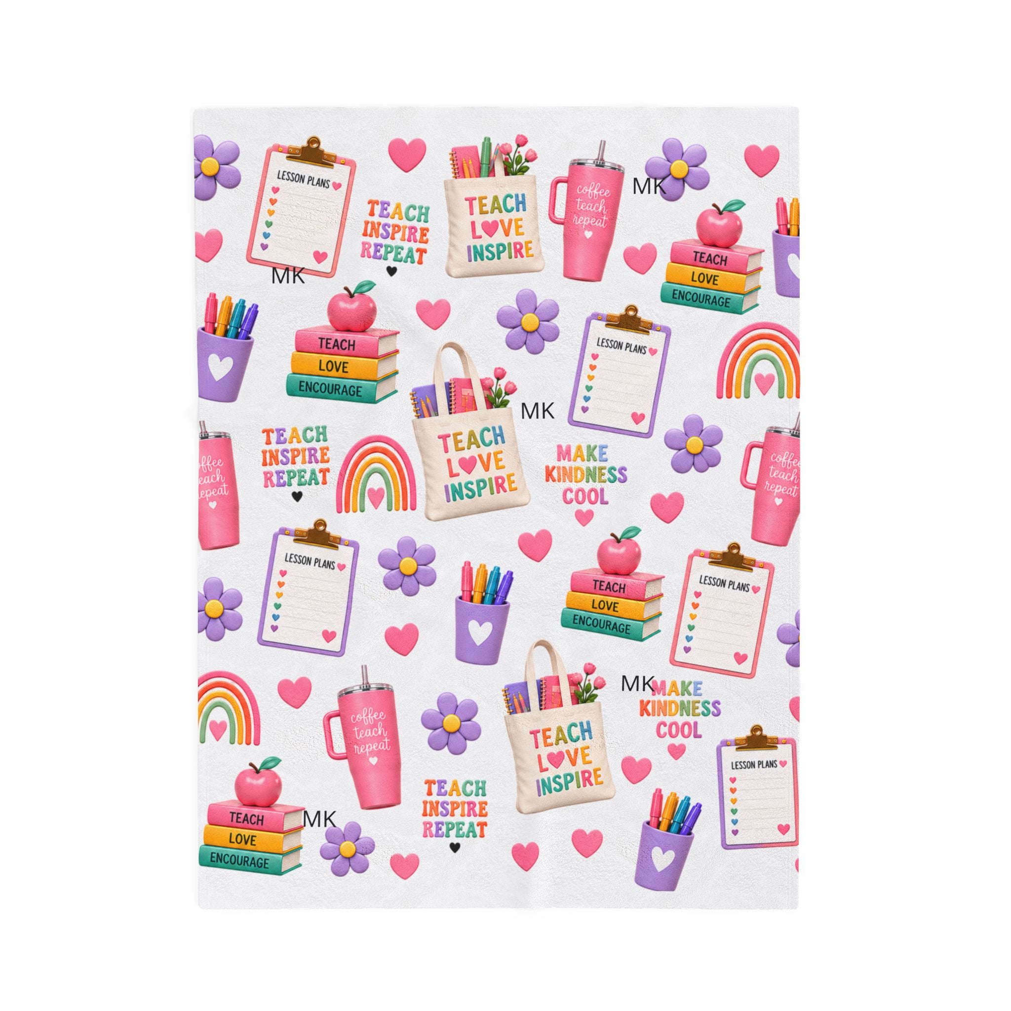 Teacher Themed Pattern Velveteen Plush Blanket | Teach Love Inspire, Rainbows, School Supplies