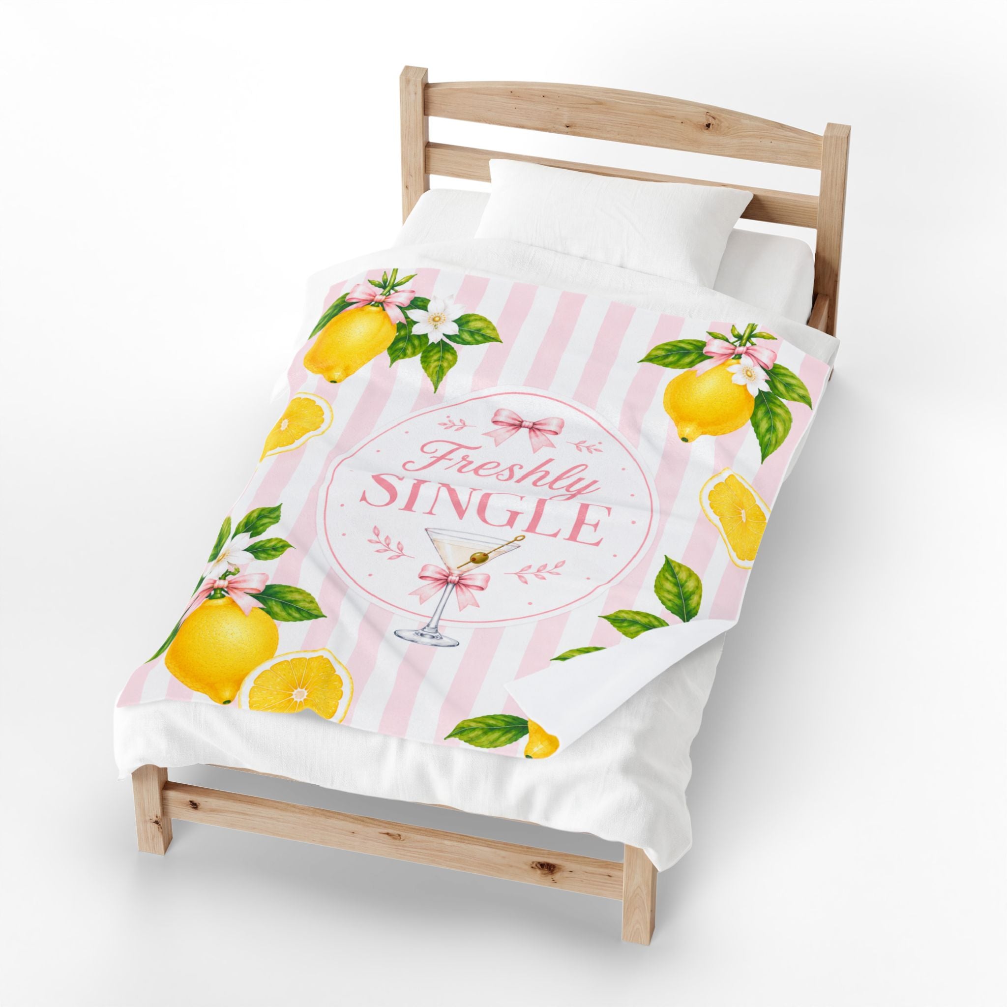 Freshly Single Lemon Floral Velveteen Blanket | Pink Stripes, Martini Design