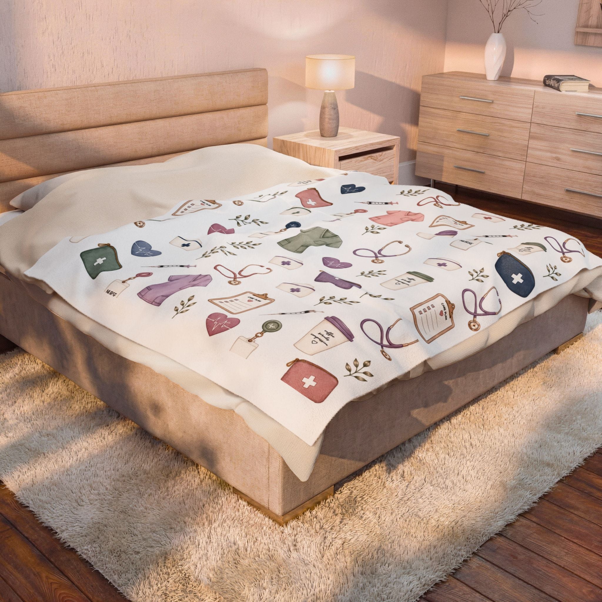 Cute Nurse Pattern Velveteen Plush Blanket | Medical Scrubs, Stethoscopes, Syringes