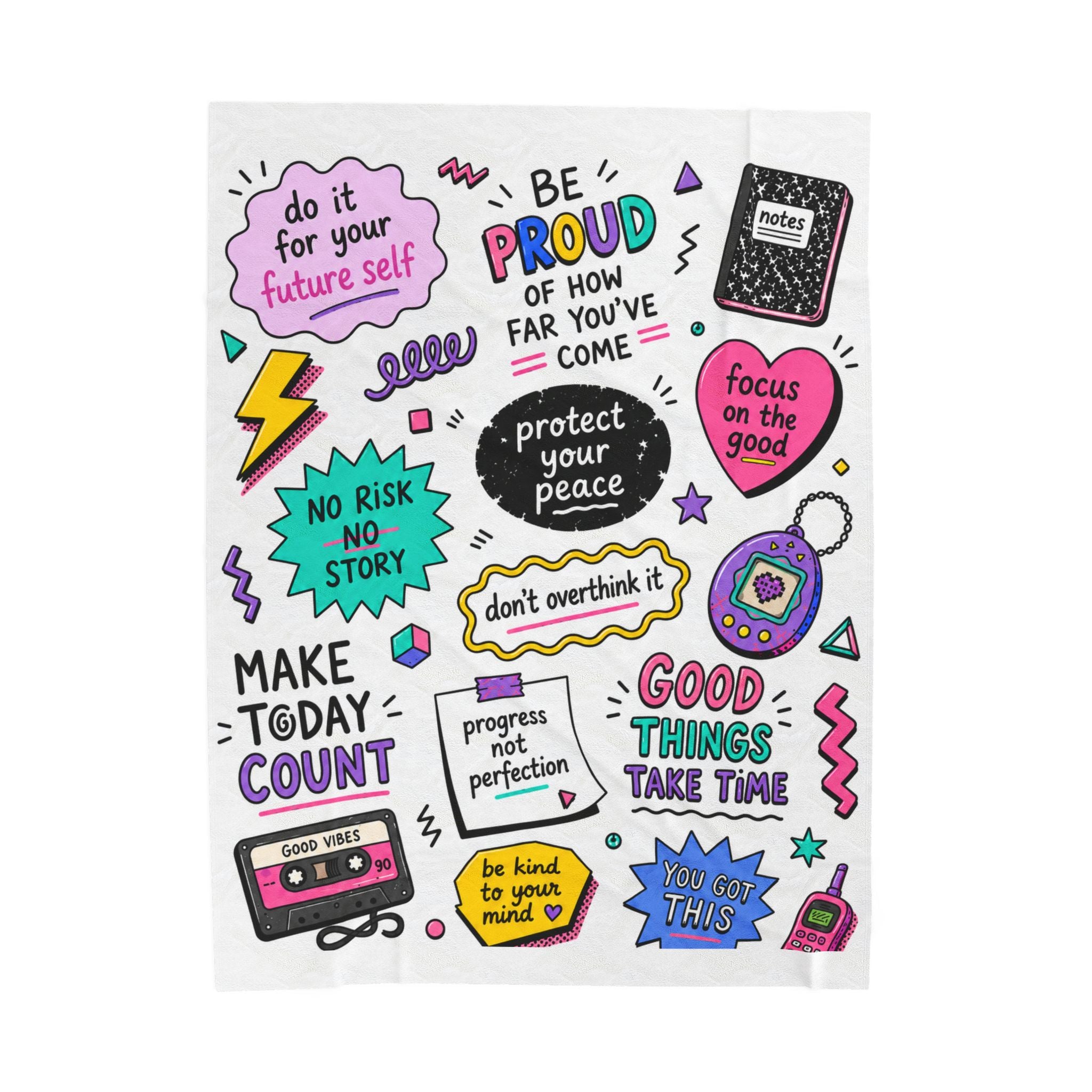 Inspirational Quote Doodle Blanket, 90's Positive Quote Doodle Blanket For College Student, Motivational Quote Cozy Blanket, Dorm Room Decor