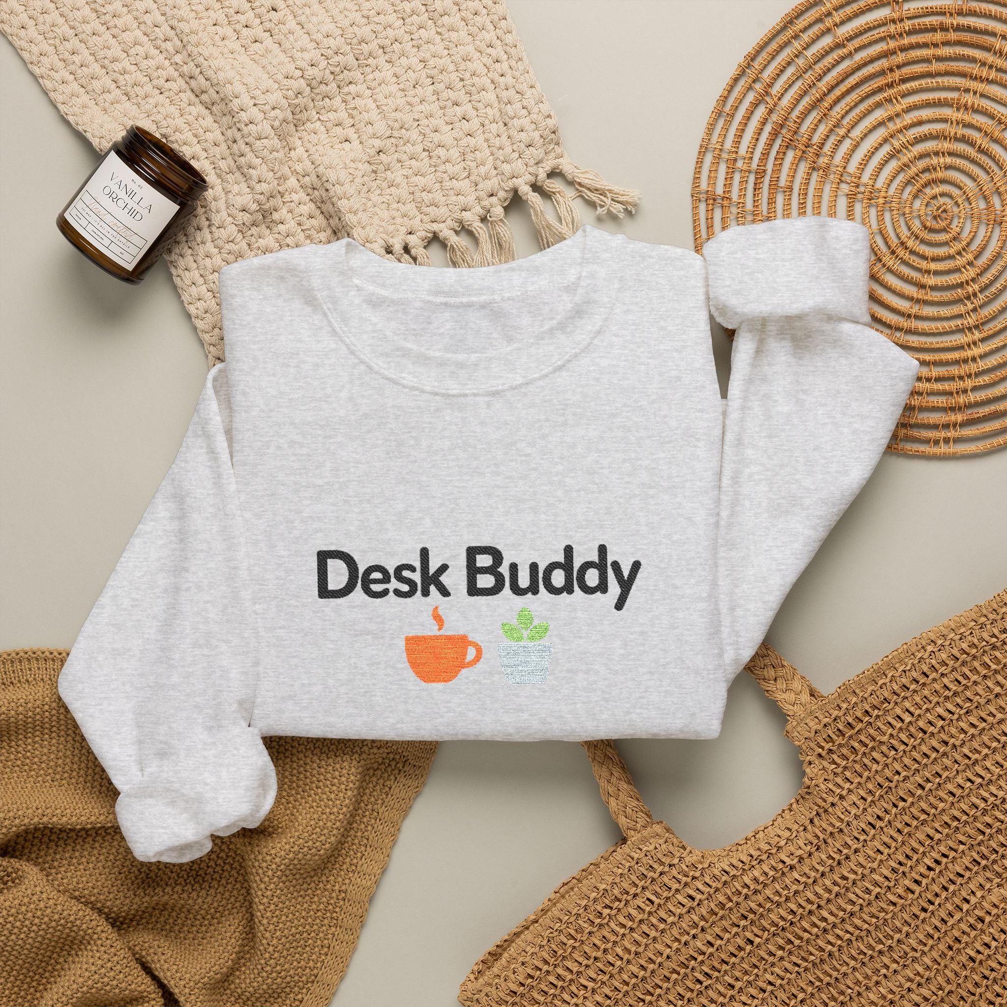 Desk Buddy Embroidered Crewneck Sweatshirt with Coffee Mug and Plant Design, Desk Buddy Gifts for Coworkers