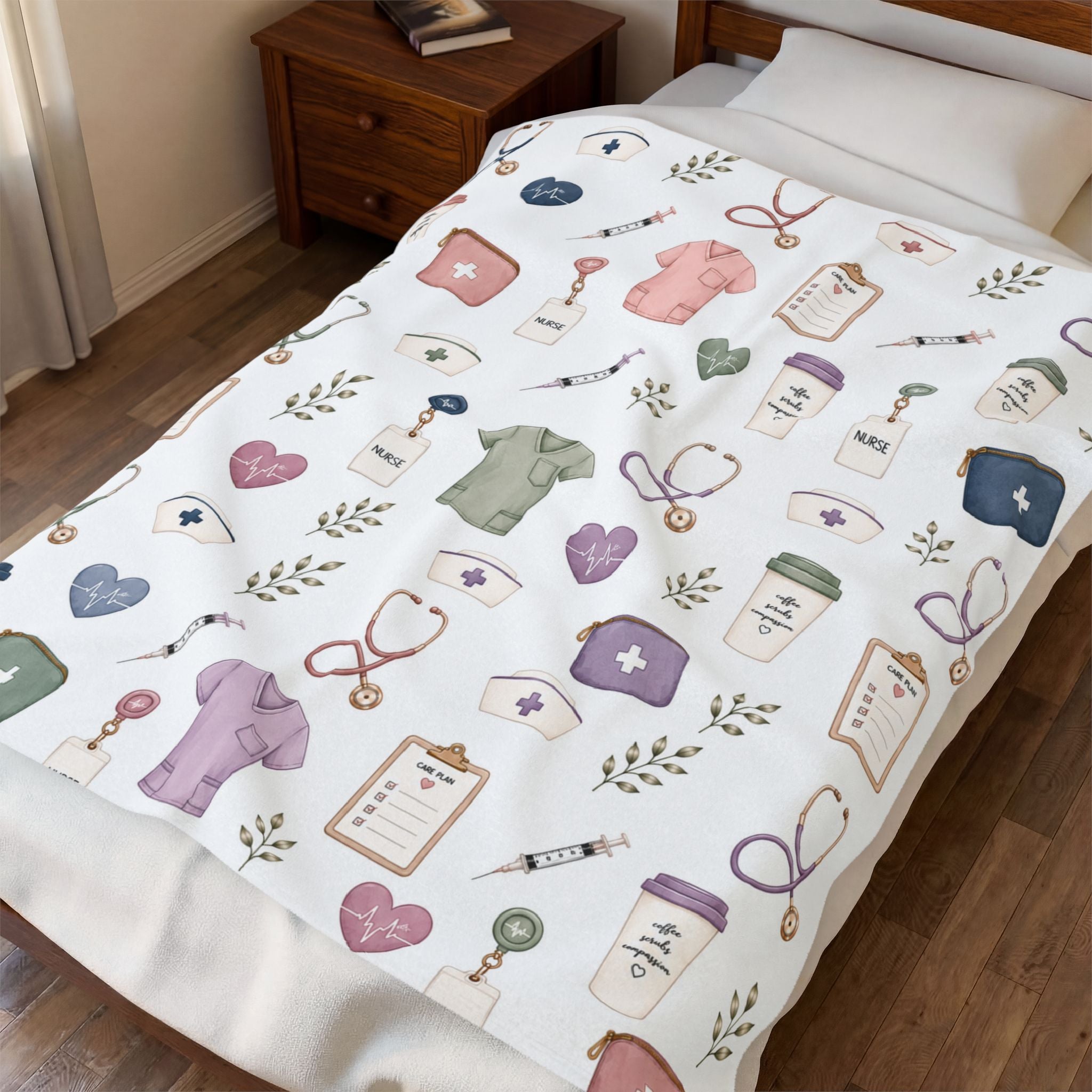 Cute Nurse Pattern Velveteen Plush Blanket | Medical Scrubs, Stethoscopes, Syringes
