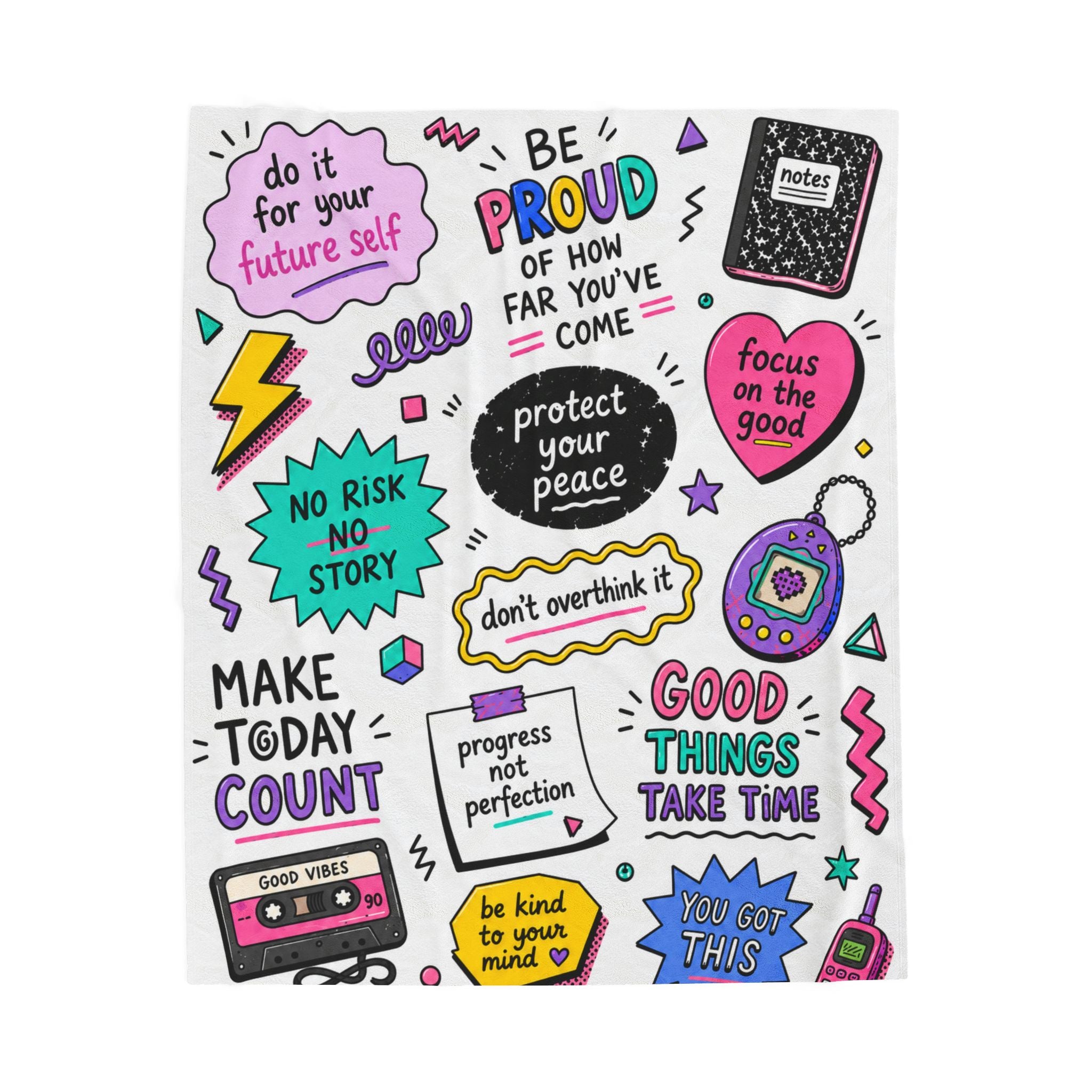 Inspirational Quote Doodle Blanket, 90's Positive Quote Doodle Blanket For College Student, Motivational Quote Cozy Blanket, Dorm Room Decor