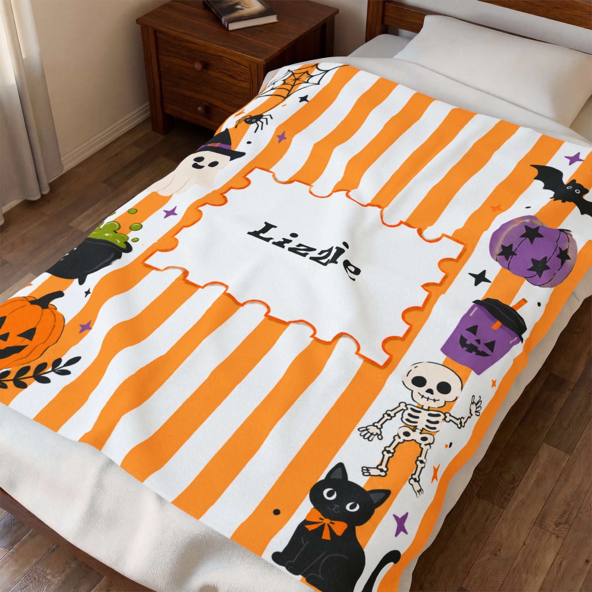Personalized Halloween Stripe Plush Blanket For Kid, Cute Ghost Pumpkin Cat Bat Skeleton Blanket, Halloween Name Blanket, Kid Halloween Gift