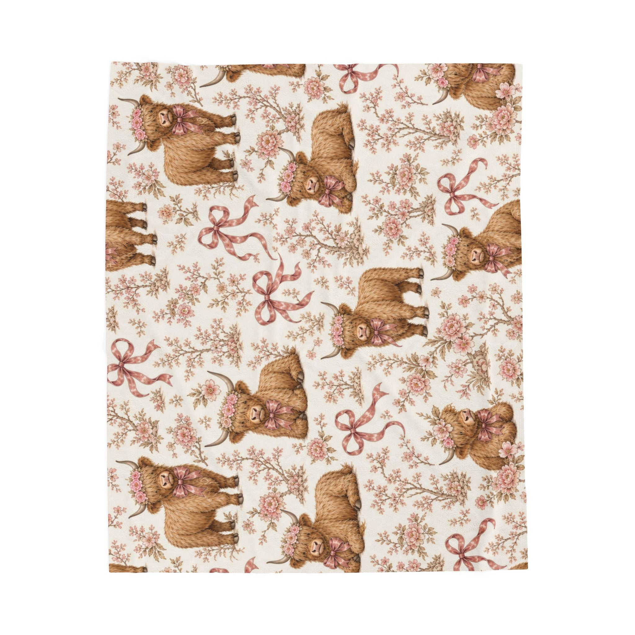Highland Cow Coquette Floral Pattern Blanket | Cute Nursery Velveteen Plush