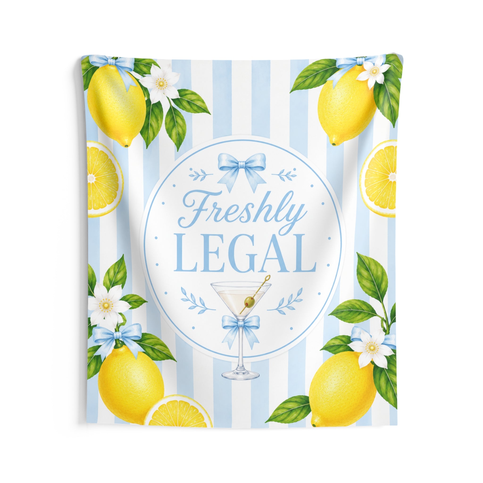 Freshly Legal Lemon Martini Indoor Wall Tapestry | Blue Stripes, Citrus Decor