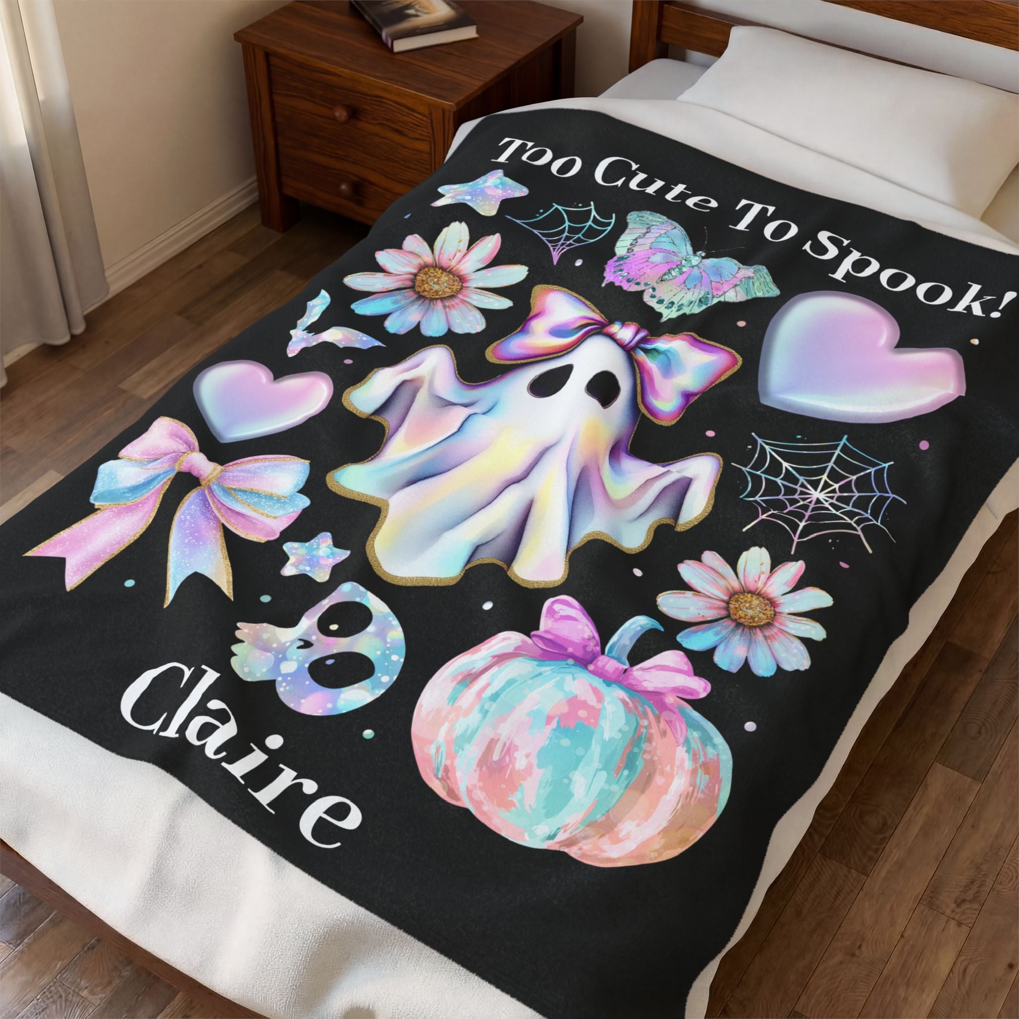 Personalized Pastel Ghost Blanket, Cute Pink Halloween Throw, Girly Spooky Season Gift, Custom Name Cozy Pink Ghost Blanket For Girl, Gift