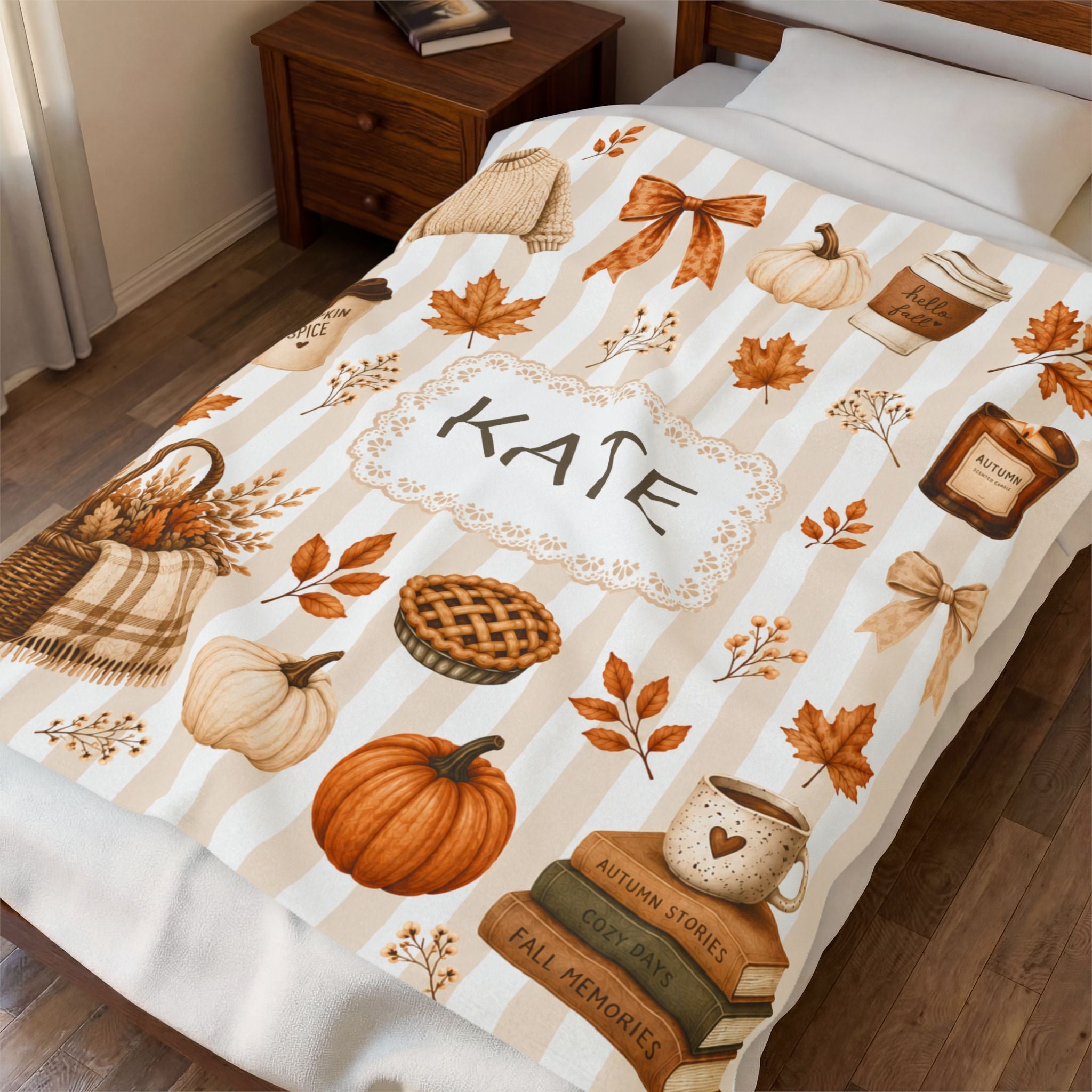Personalized Autumn Dorm Blanet For College Girl, Custom Name Cozy Velveteen Blanket For Her, Aesthetic Fall Pumpkin Cozy Blanket, Dorm Gift