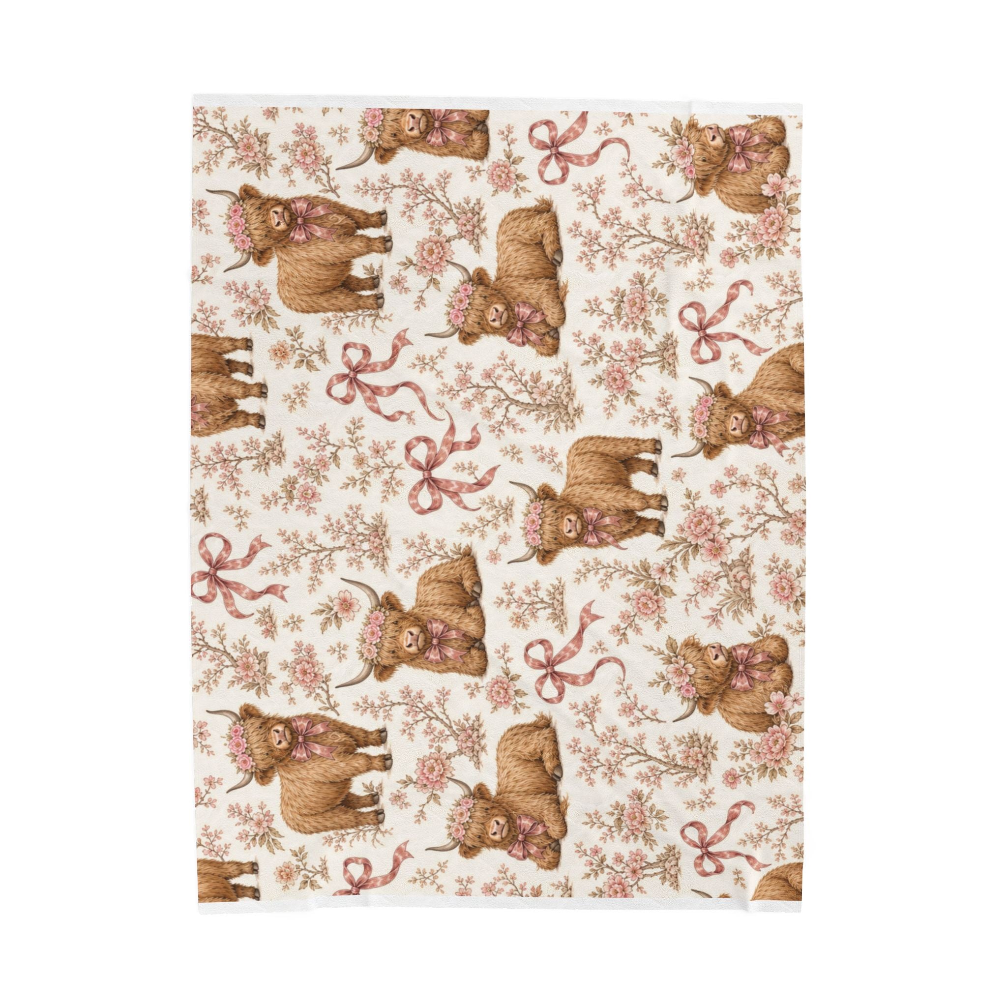 Highland Cow Coquette Floral Pattern Blanket | Cute Nursery Velveteen Plush