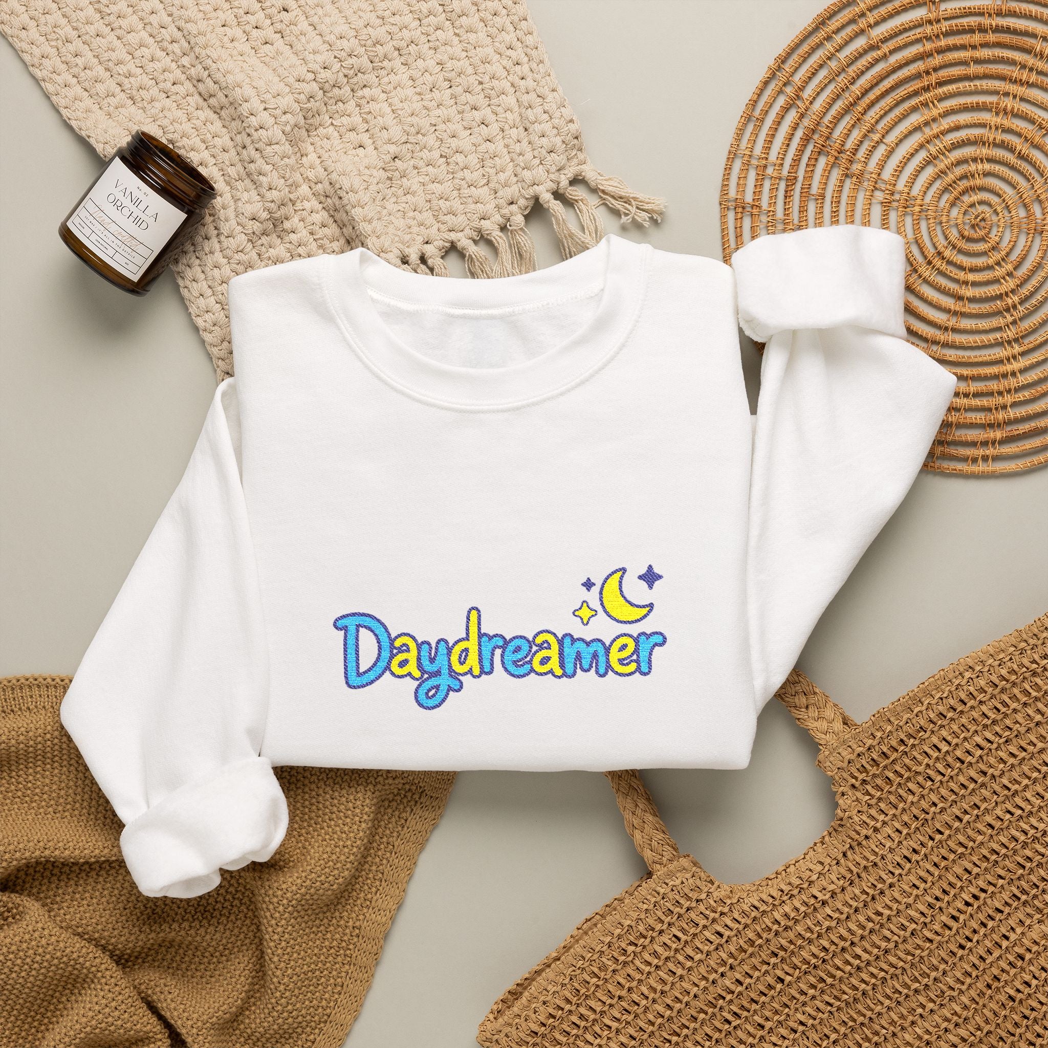 Daydreamer Embroidered Crewneck Sweatshirt with Moon and Stars Design, Day Dreamer Gift for Dreamers