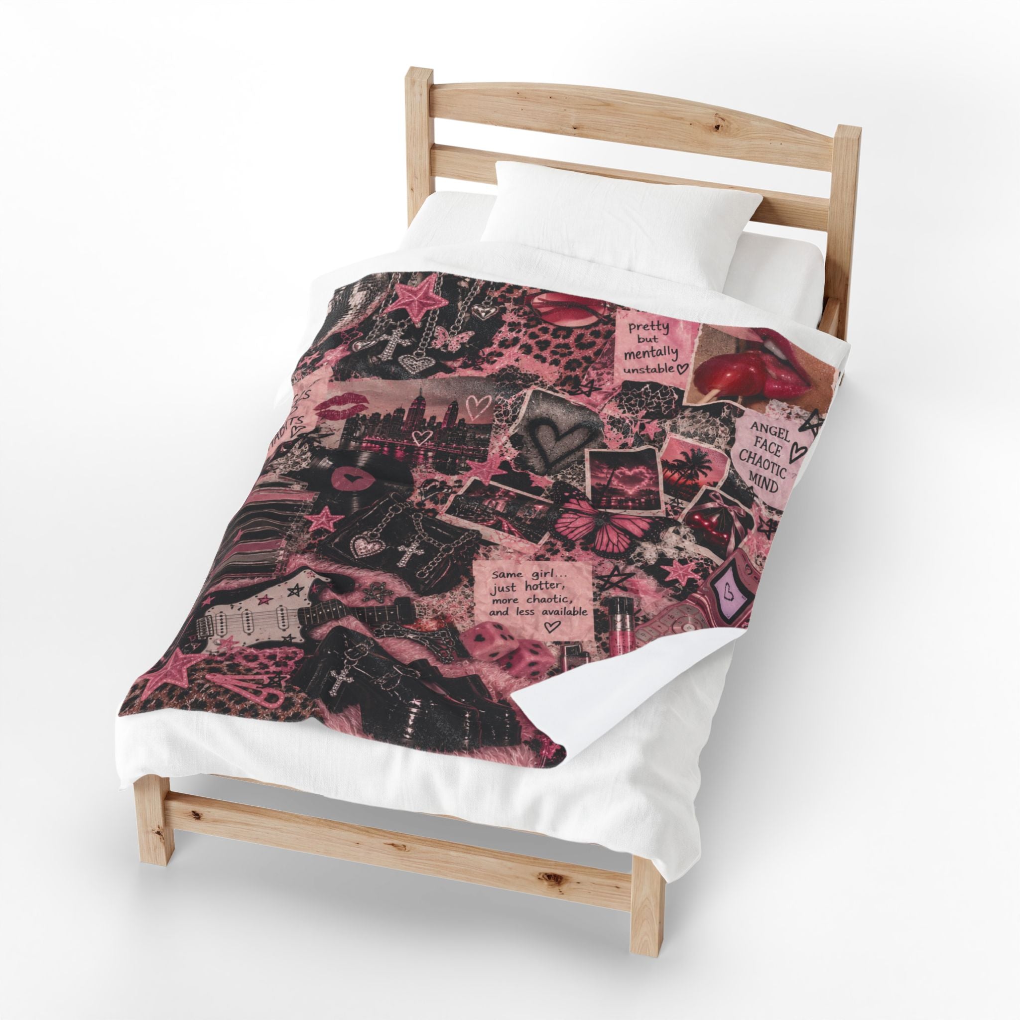 Pink Collage Heart Butterfly Velveteen Blanket | Y2K Aesthetic Plush Throw