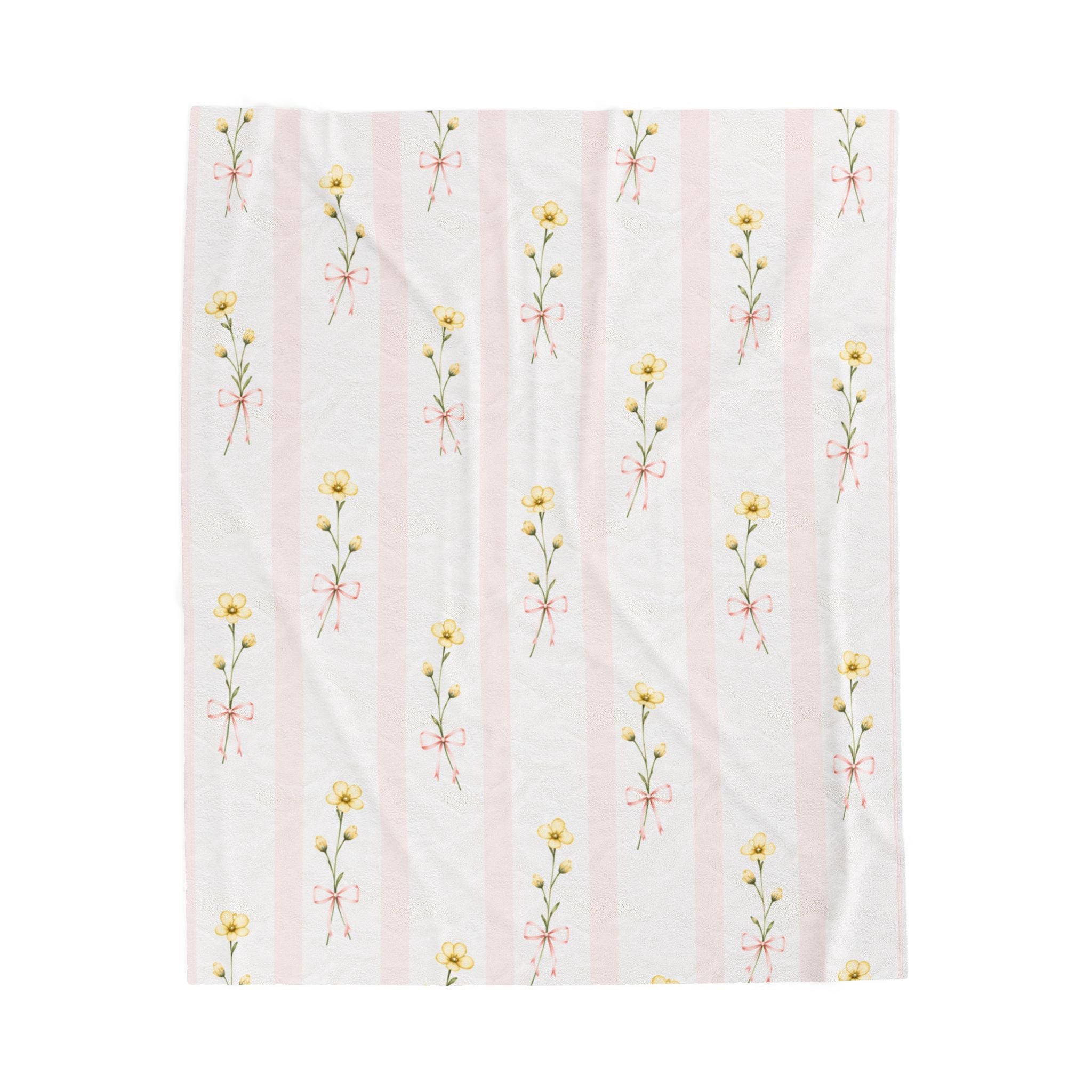 Yellow Wildflower Stripes Blanket | Floral Velveteen Plush Throw