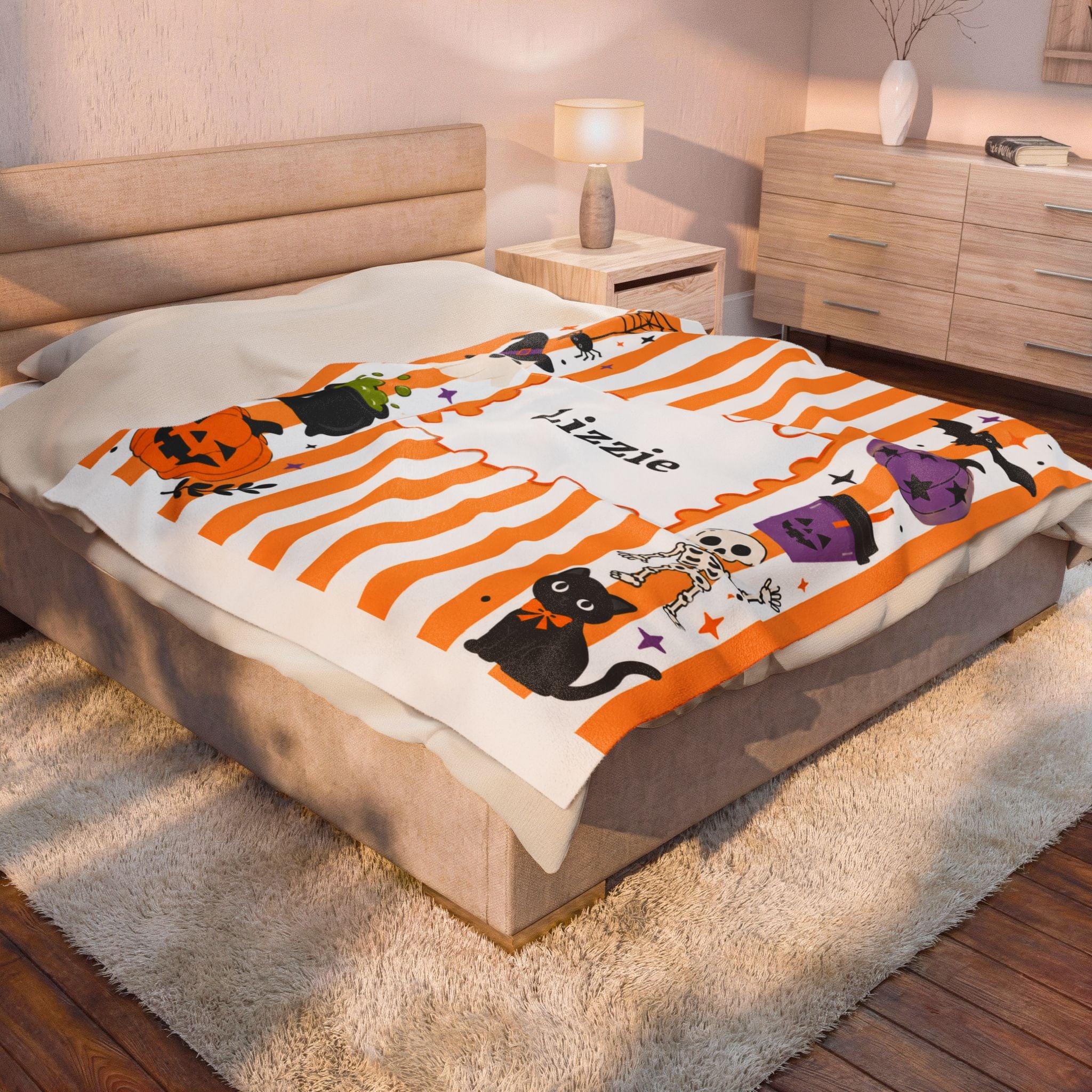 Personalized Halloween Stripe Plush Blanket For Kid, Cute Ghost Pumpkin Cat Bat Skeleton Blanket, Halloween Name Blanket, Kid Halloween Gift