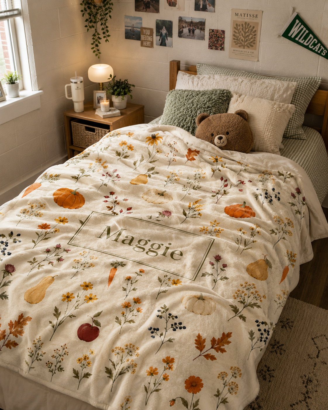 Autumn Harvest Name Plaque Velveteen Plush Blanket | Personalized Fall Pumpkins & Gourds