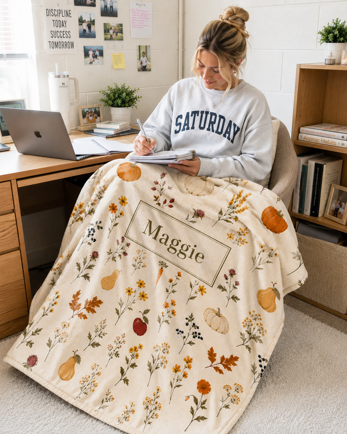 Autumn Harvest Name Plaque Velveteen Plush Blanket | Personalized Fall Pumpkins & Gourds