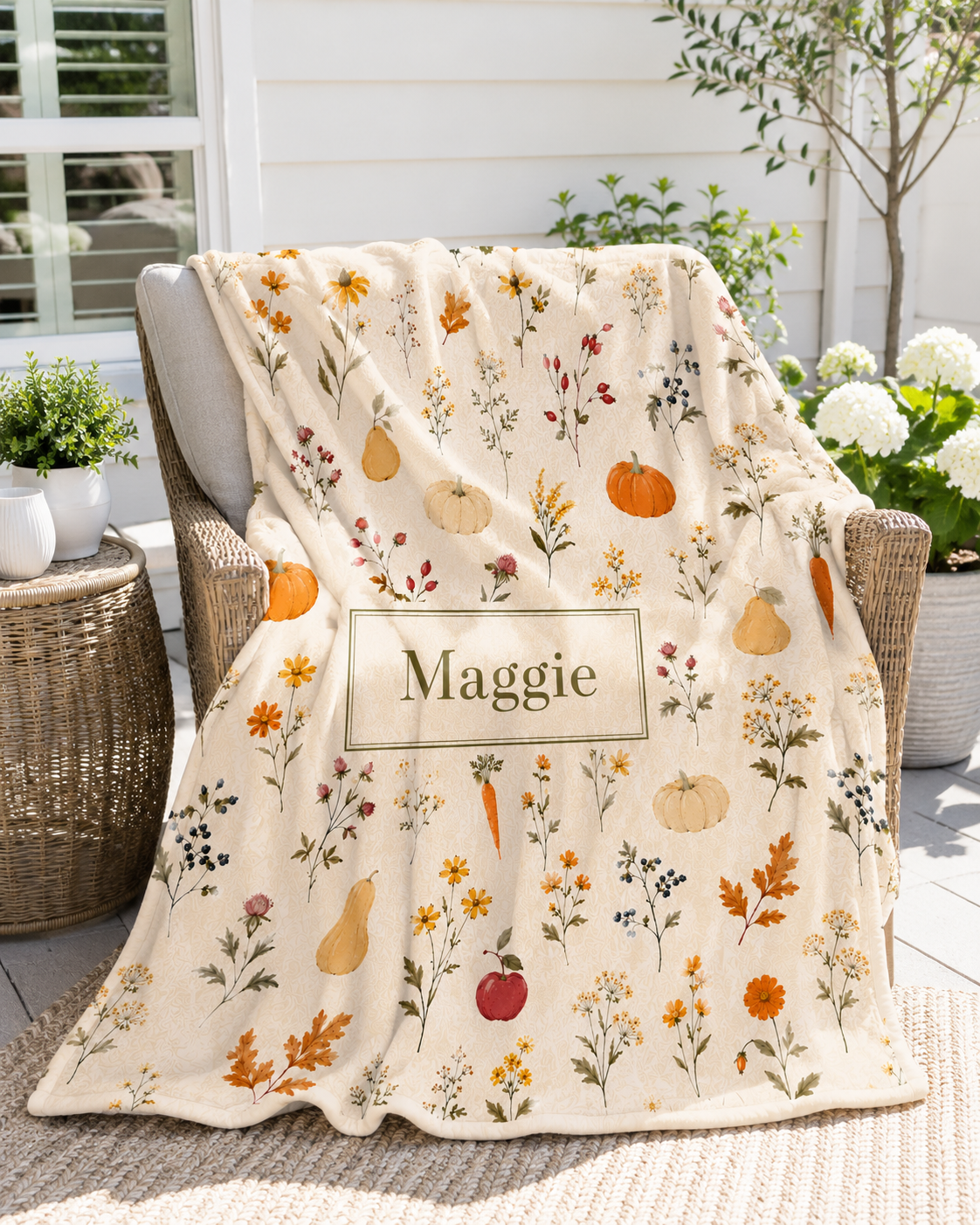 Autumn Harvest Name Plaque Velveteen Plush Blanket | Personalized Fall Pumpkins & Gourds
