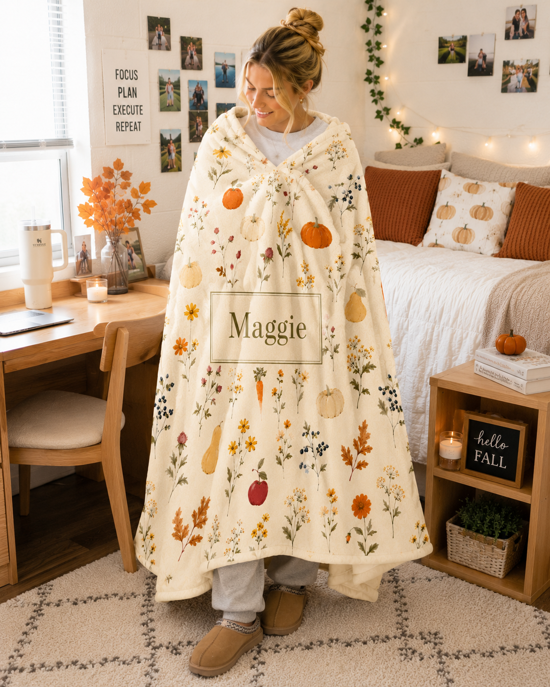 Autumn Harvest Name Plaque Velveteen Plush Blanket | Personalized Fall Pumpkins & Gourds