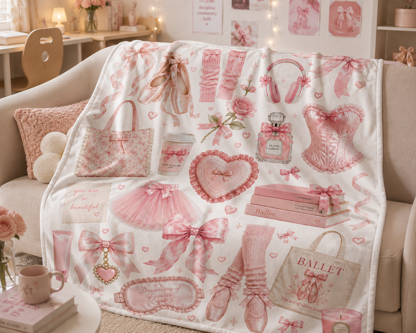 Pink Ballet Aesthetic Velveteen Plush Blanket