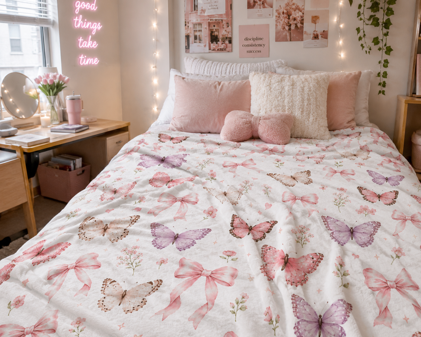 Pink Watercolor Butterflies Velveteen Plush Blanket | Floral Butterfly Pattern